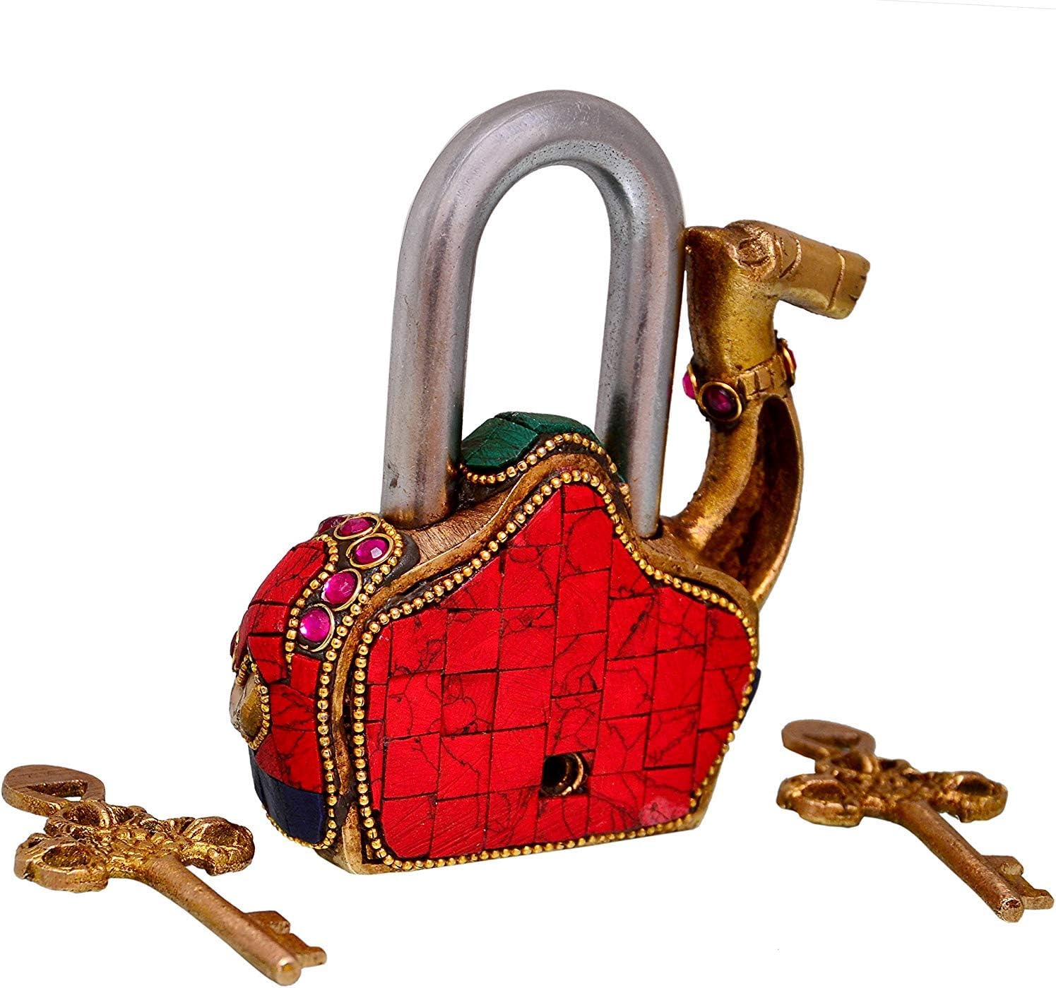 Camel Shaped Brass Lock Padlock: Handmade Antique Design with Colorful Gemstone Work; Unique Collectible Combination of Style & Security