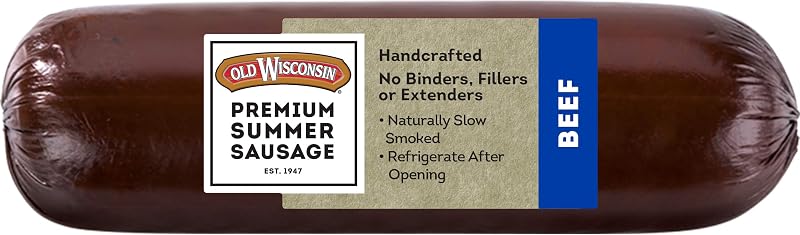 Old Wisconsin Premium Summer Sausage, 100% Natural Meat, Charcuterie, Ready to Eat, High Protein, Low Carb, Keto, Gluten Free, Beef Flavor, 8 Ounce | Ready to Eat Beef Summer Sausage Roll, Naturally Smoked Meat, Keto Snacks or Charcuterie Boards, High Protein, Gluten Free