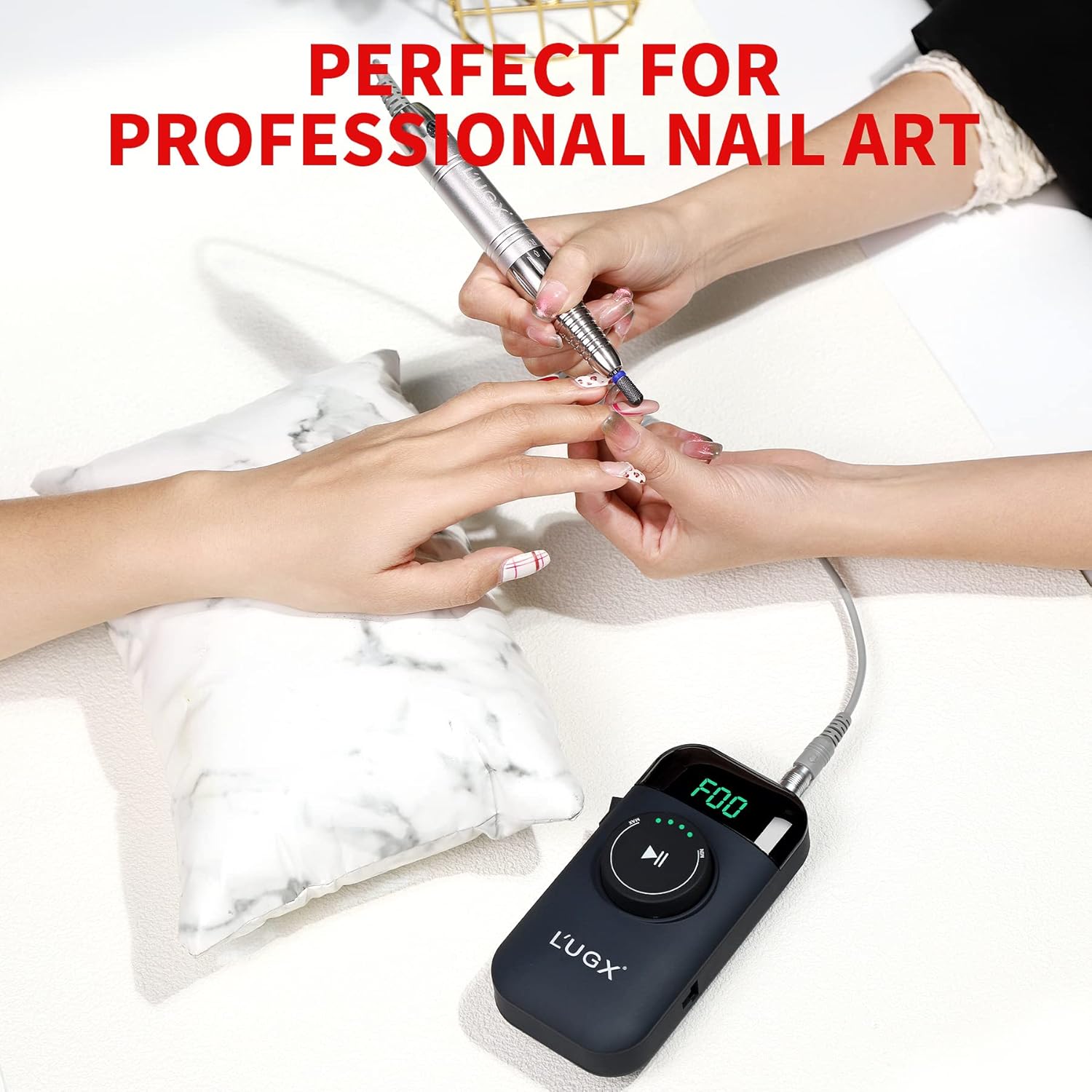 L'UGX Nail Drill 35000RPM Professional Brushless Electric Machine, Rechargeable Cordless Nail Efile for Acrylic Gel Nails, 8Pcs Nail Drill Bits, Low Noise Low Vibration