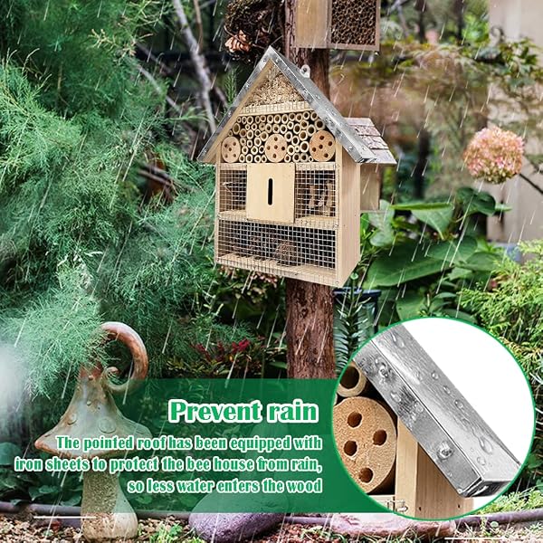 Hotel Insectes Exterieure à Suspendre, Hôtels à Insectes pour Abeille Papillon Coccinelle, Decoration pour Jardin Balcon, Nichoir Et Protection pour Insectes en Bois avec Toit Imperméable en Métal - 5