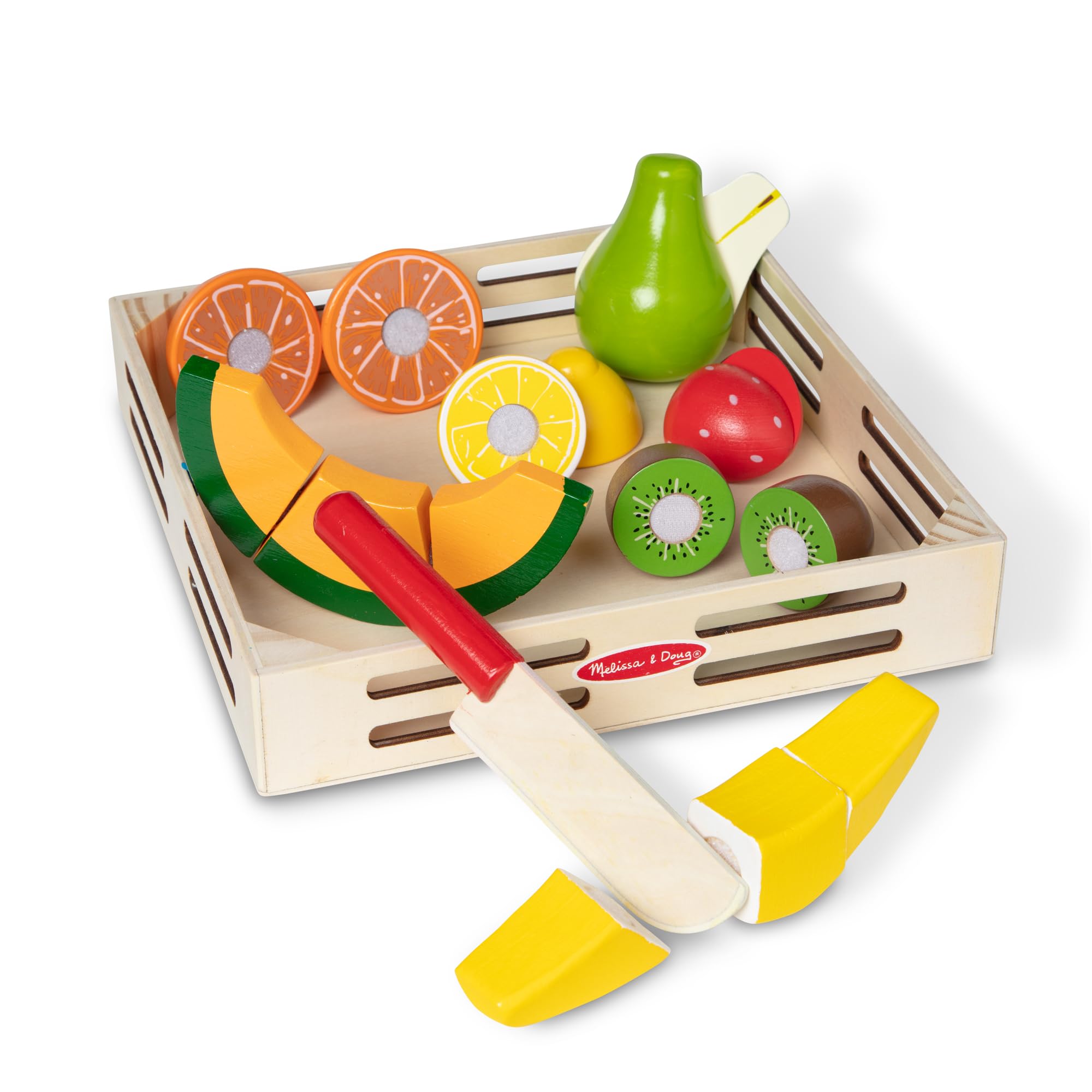 Melissa & Doug Cutting Fruit Set – 17-Piece Wooden Pretend Play Food Set with Sliceable Fruit, Wooden Knife, Crate & Self-Stick Sections – Educational Toy for Kids Ages 3 & Up | MD4021