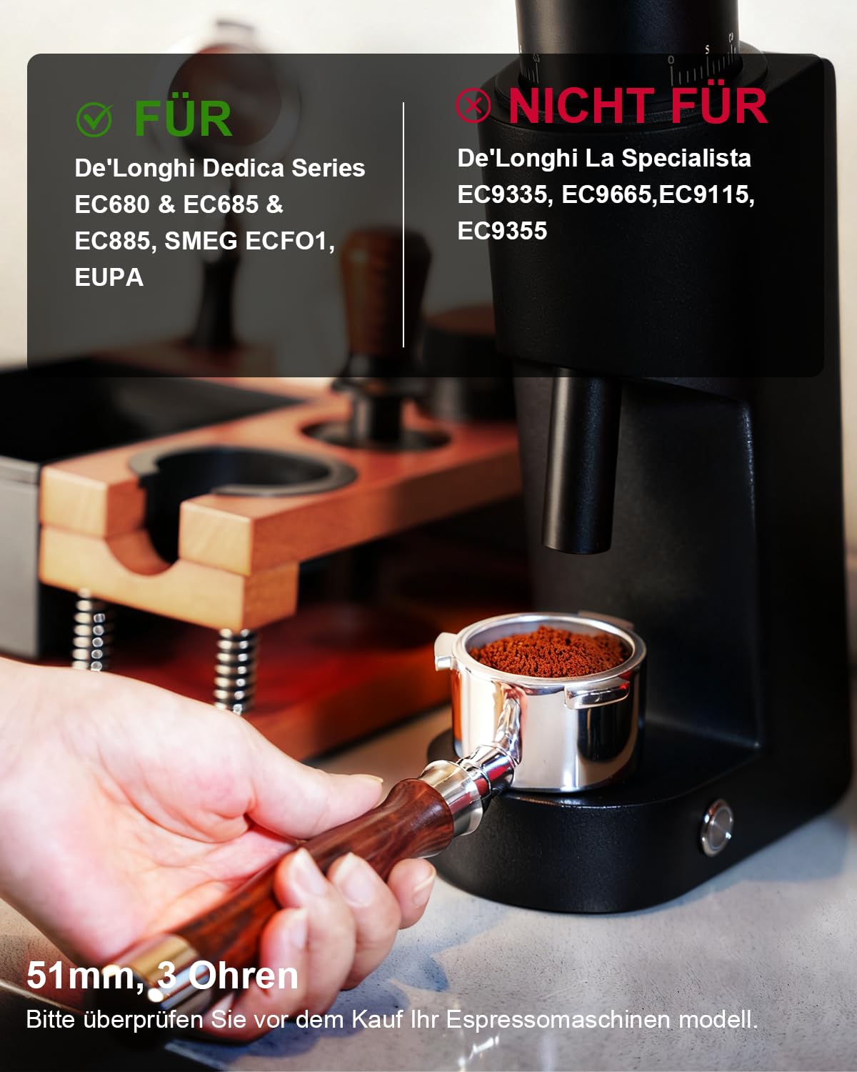 KOFIKOFI Portafiltro senza fondo da 51 mm, 3 Ears Bottomless compatibile con DeLonghi Dedica EC680/EC685, Smeg, EUPA, portafiltro in acciaio inox con filtro per puck, cestello per filtri, manico in