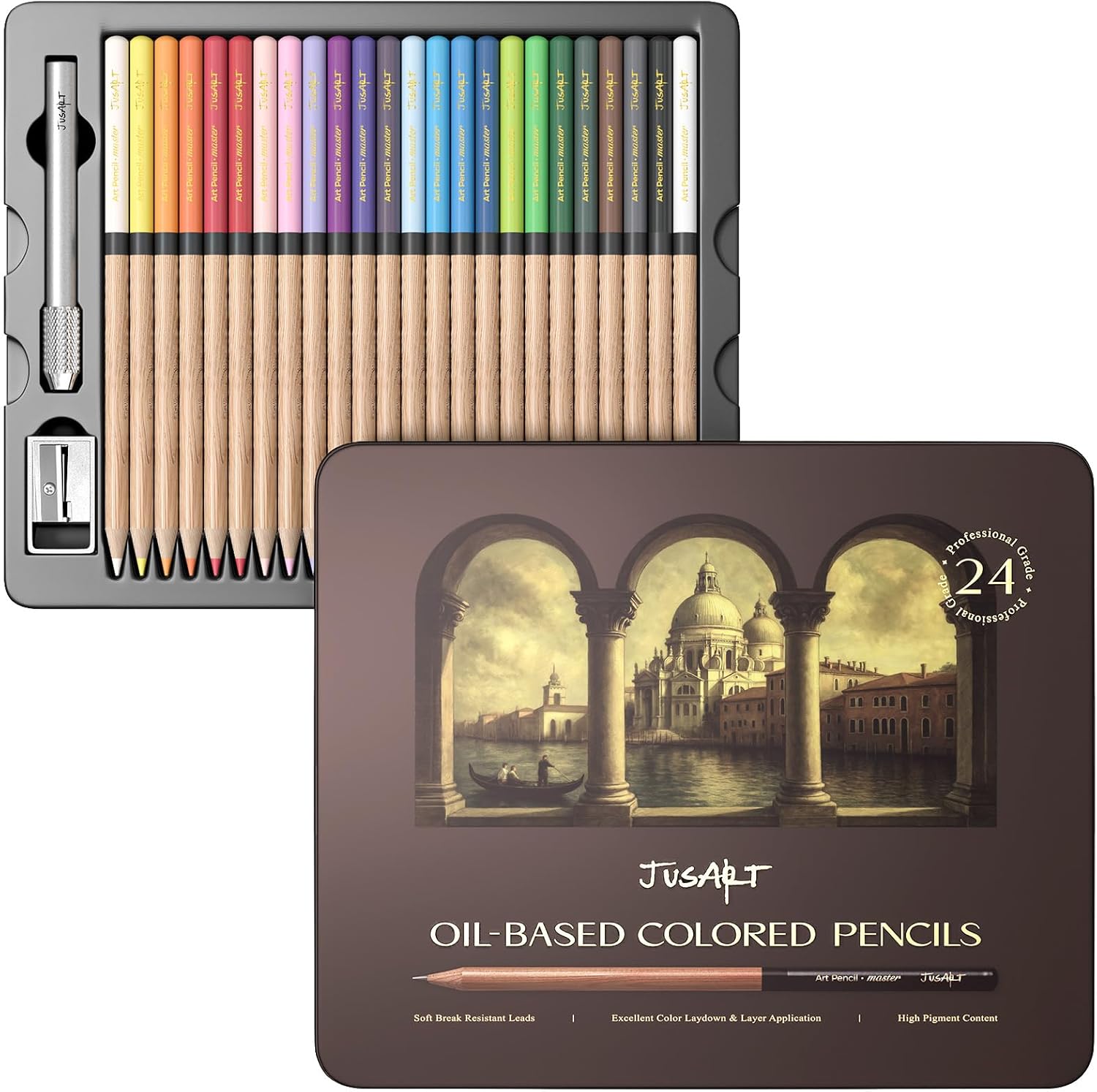 JusArt 24 Oil-Based Colored Pencils – Soft Core, Durable, Vibrant & Ultra-Smooth. Ideal for Adult Coloring, Portrait, Sketching, Landscape. Professional Drawing Pencils for Artists, Adults & Beginners