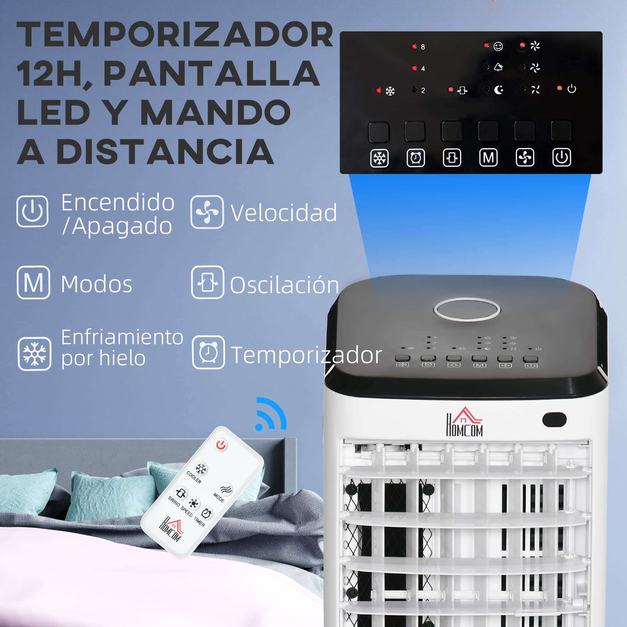 HOMCOM Climatizador Evaporativo Bajo Consumo 3,5L 3 en 1 Humidificador Ventilador 65W Pantalla LED Control Remoto Temporizador Oscilación 3 Velocidades 3 Modos 24,5x27x60 cm Blanco