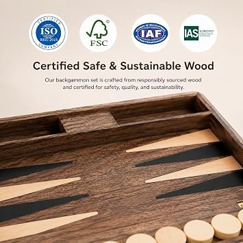 Luxury Walnut Backgammon Set - Wood Board with Travel Case, Doubling Cube