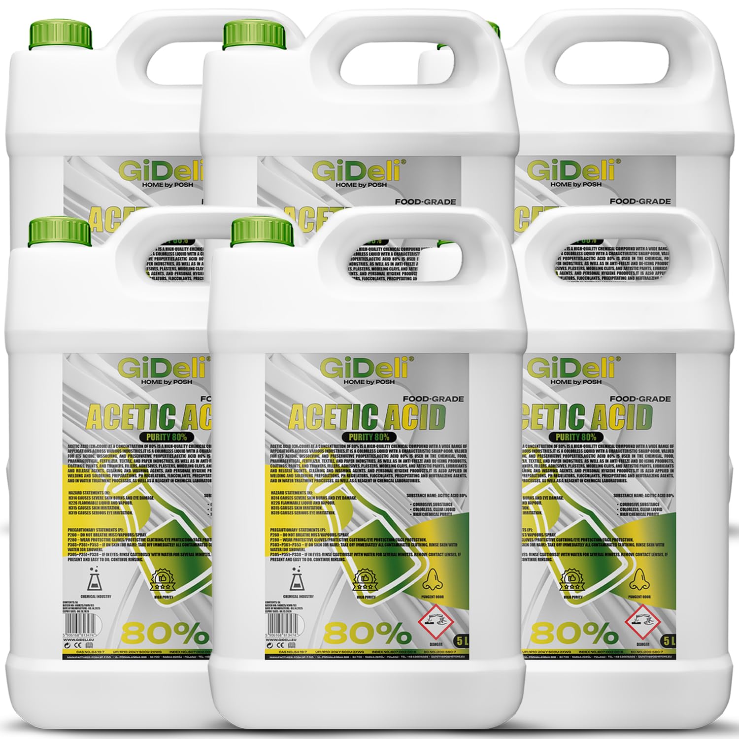 GiDeli Ácido acético 80% 6 x 5 l – Strong Vinegar for Cleaning – para limpieza eficaz, descalcificación y uso doméstico – Eliminación de olores y conservación de alimentos