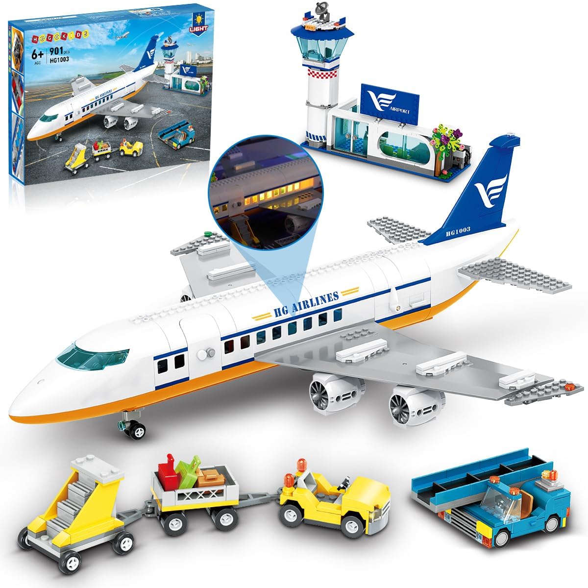 HOGOKIDS City Passenger Airplane Building Set with LED Light, 901 PCS Plane Building Blocks with Airport Terminal, Radar Tower, Luggage Trailer, Planes Model Toys Gifts for Kids Boys Girls Age 6-12