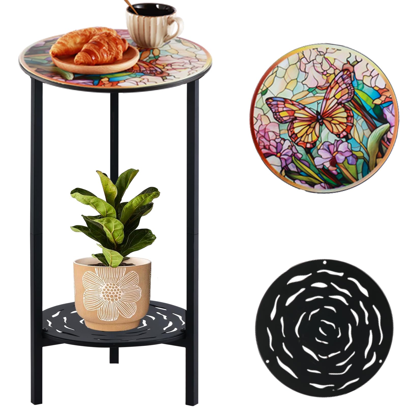 lucpur 2-Tier Metal Round Side Table Black Accent Coffee Tables Small Space Corner Plant Stand Shelf for Indoor