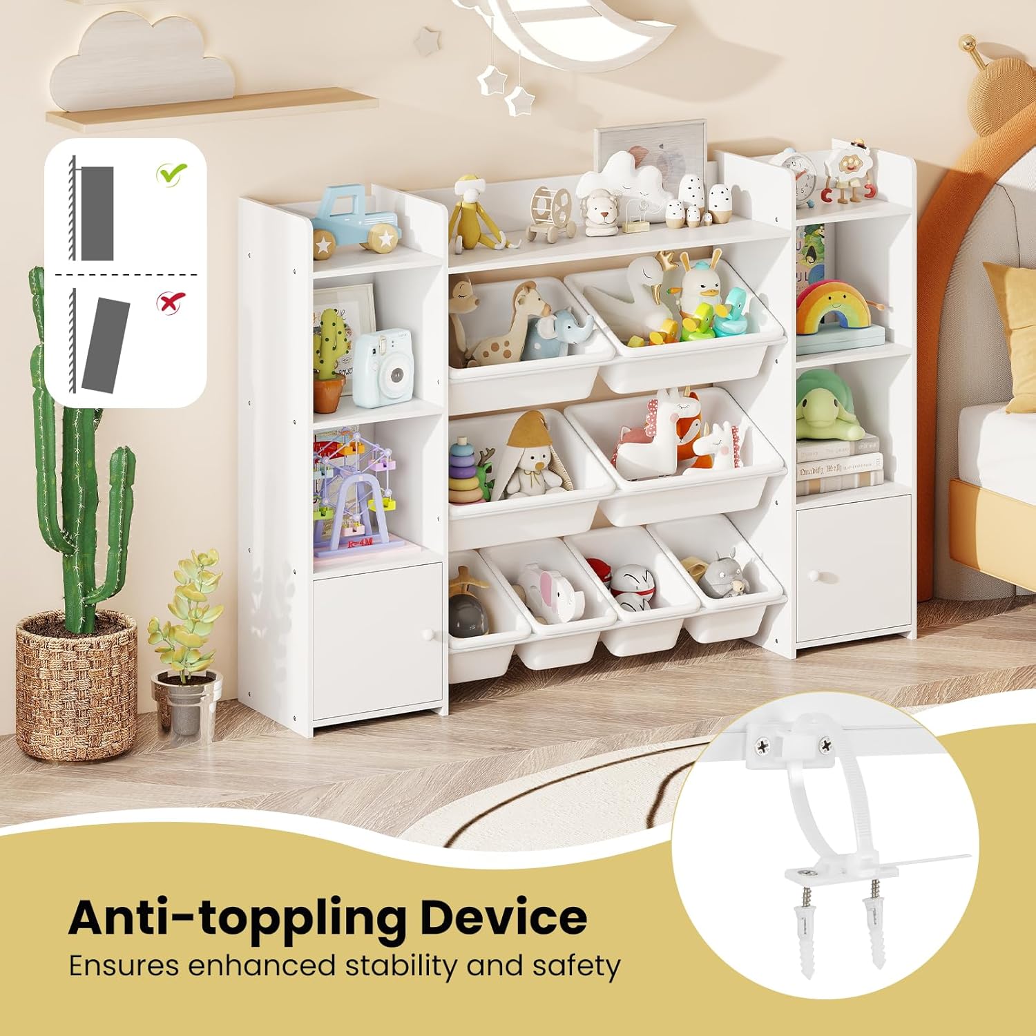 Costzon 56'' Kids Toy Storage Organizer with 8 Removable Bins, 4-Tier Toddler Bookshelf Cubbies, Preschool Children's Montessori Bookshelf w/6 Large Cabinet for Playroom, Daycare, Kids Room, Classroom - Image 6