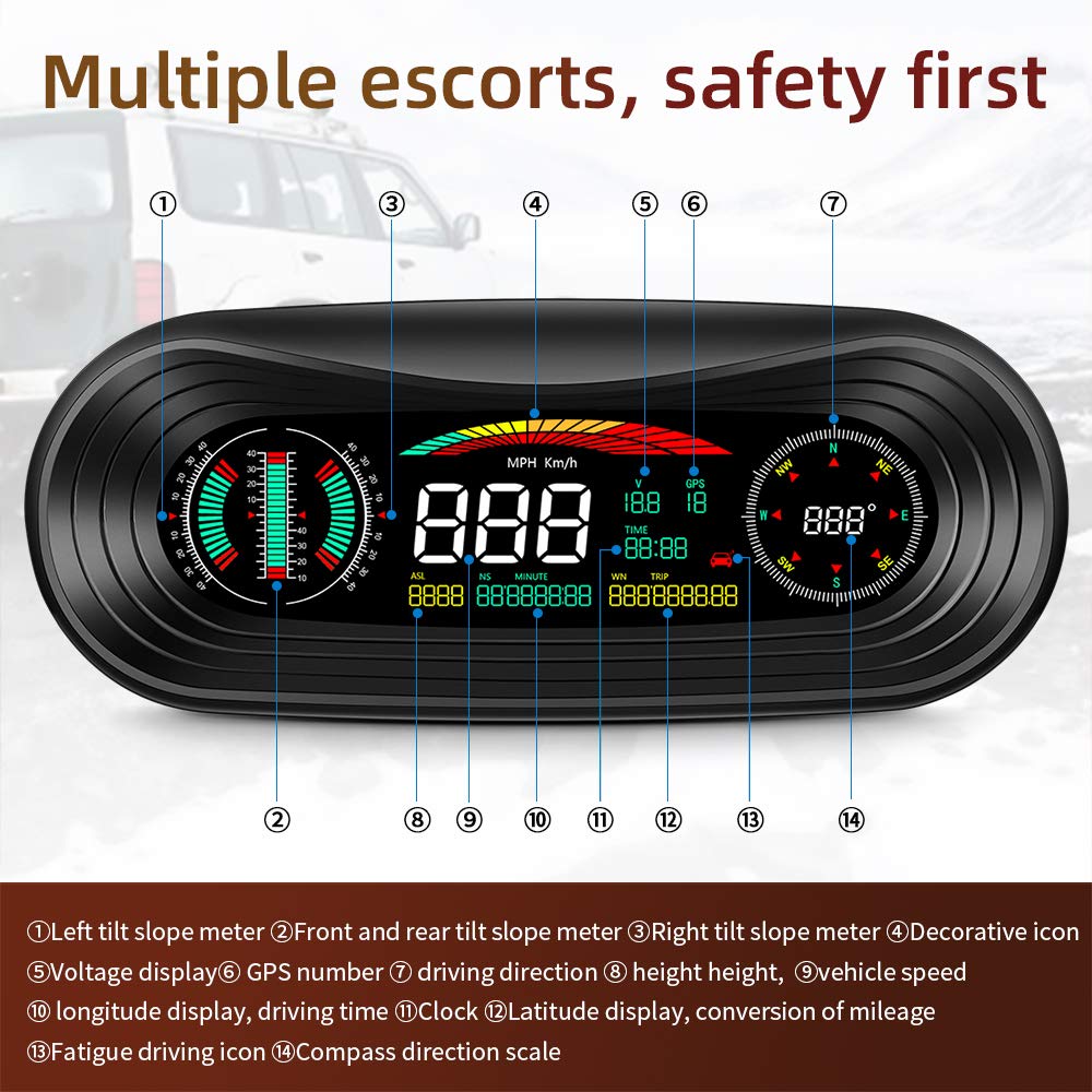 Head Up Display Auto GPS HUD Car Head Up Display off-Road 4X4 Inclinometro GPS Pannello Digitale Tachimetro Inclinazione Bussola automobilistica Altitudine Orologio Head Up Display