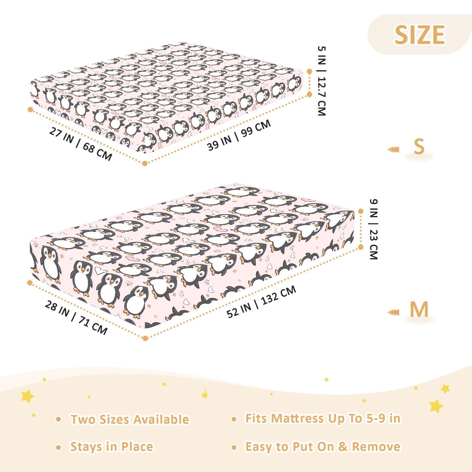 Drap-housse pour berceau de bébé motif pingouins roses et cœurs pour garçons et filles, 71,1 x 132,1 cm