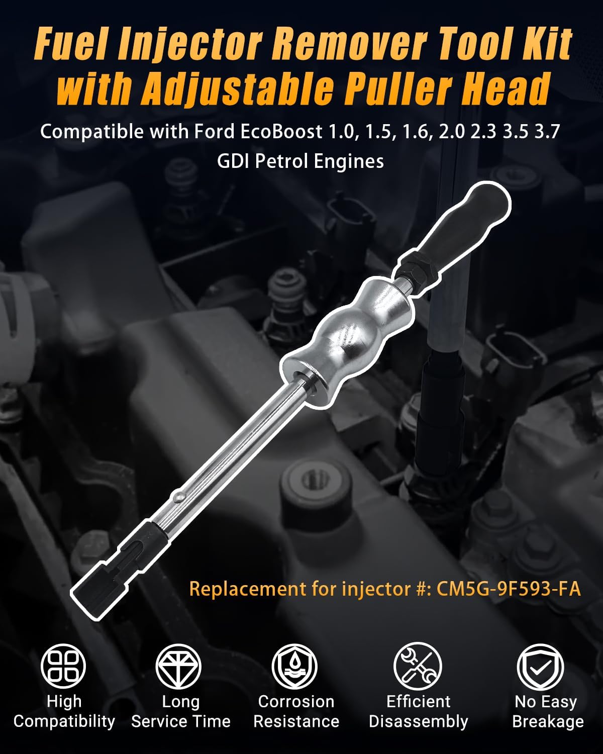 Fuel Injector Puller Removal Tool Kit Compatible with Ford EcoBoost 1.0, 1.5, 1.6, 2.0 2.3 3.5 3.7 GDI Petrol Engines, Slide Hammer Extractor Set with Adjustable Puller Head