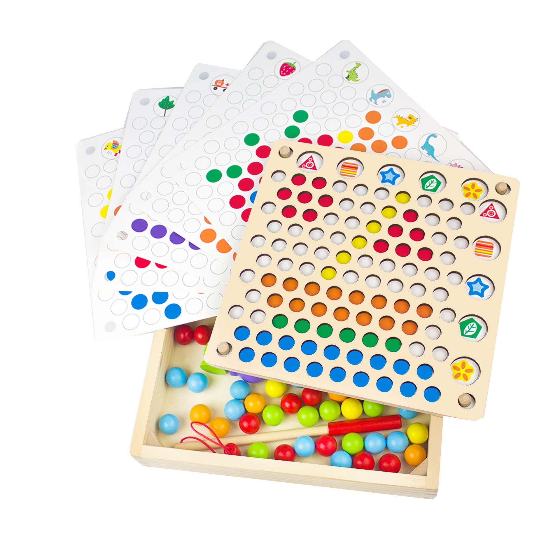 MOOH Kid Hands Brain Training Clip Beads Wooden Puzzle Board Math Game Baby Early Educational Toy Hand-Eye Coordination Teaching Aids Wooden Assembly Nuts and Bolts Toy (Beads)