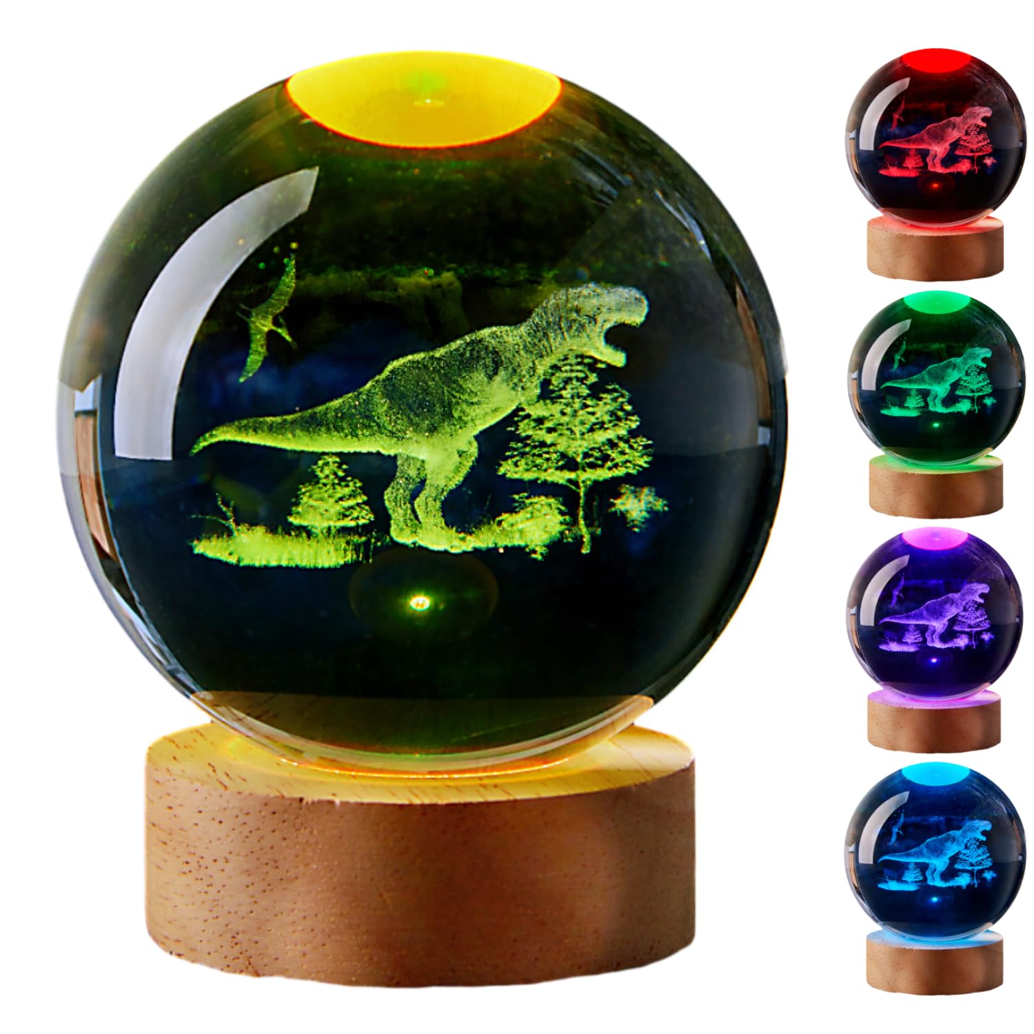 LGY3DLight 3D Crystal Ball Lamp with Remote Control, 3.15 inch Crystal Night Light with Wooden Base 16 Colors Change, Glass Figurine Lamp Gift for Girls Boys Wife Girlfriend Mom (T-rex)