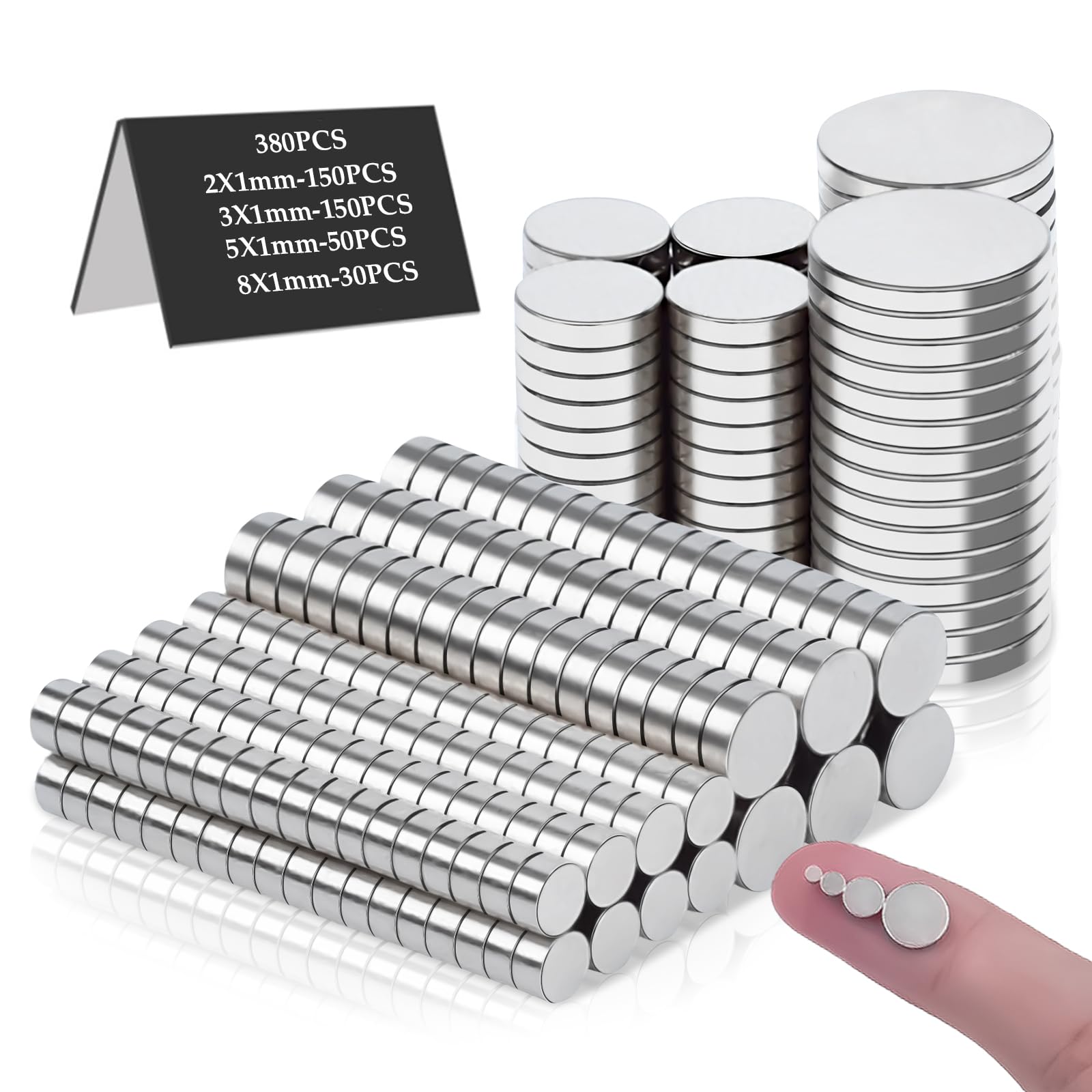 MIN CI 380Pack Mini Magnets, Thickness 1mm Small Magnet Round Magnets 4 Different Sizes Magnet for Crafts Fridge Magnete for Whiteboards Tiny Rare Earth Magnete(Diameter:2/3/5/8mm)