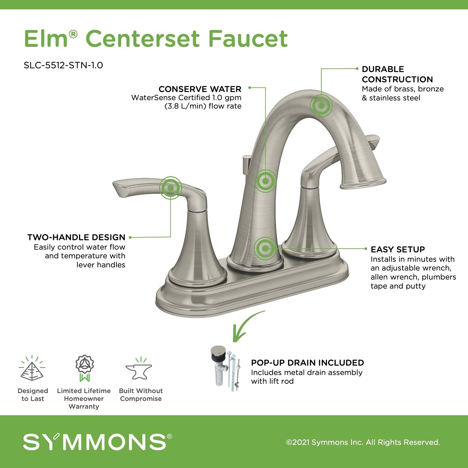 Up To 50% OFF Symmons SLC-5512-STN-1.0 Elm 4 in. Centerset 2-Handle Bathroom Faucet with Drain Assembly in Satin Nickel (1.0 GPM)