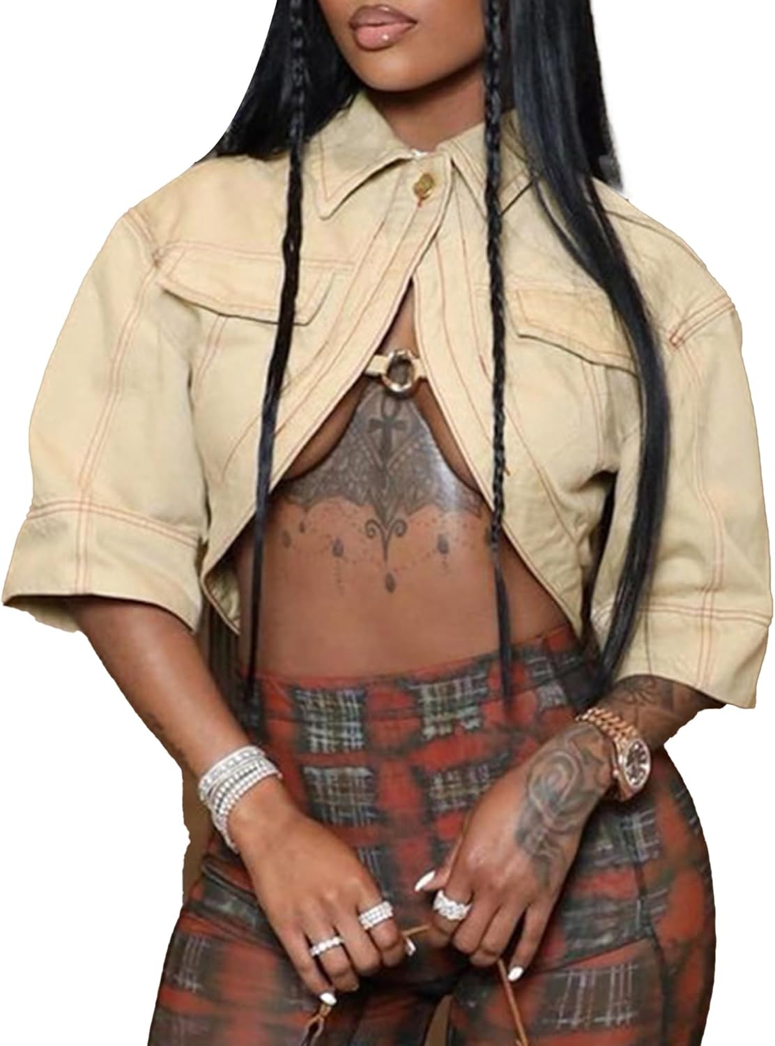 Jackets for Women Casual Short Sleeve Sexy Cropped Denim Jacket Cut Out Button Down Top Clubwear