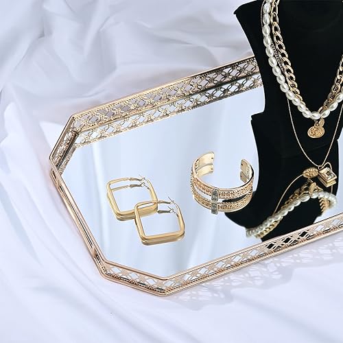 Miniatura 11 de Bandeja de espejo dorado, bandeja de perfume para tocador, bandejas doradas para baño y decoración del hogar, 11.6 x 7.7 x 1.2 pulgadas Bandeja