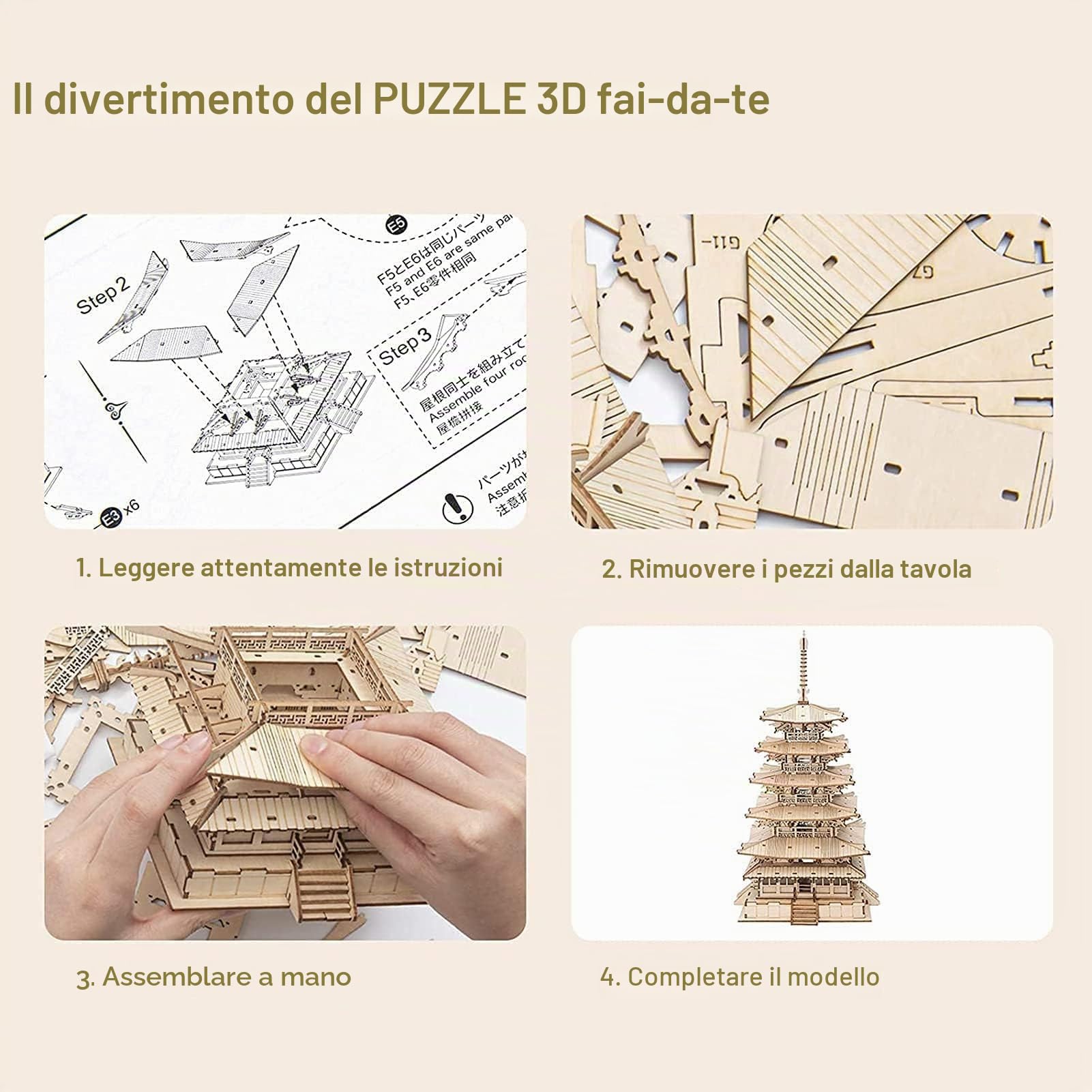 ROBOTIME Puzzle 3D in Legno Taglio Laser Kit Costruzione Legno Meccanico per Adulti Cinque Piani Pagoda Rompicapo Modellini Kit Giocattoli Educativi