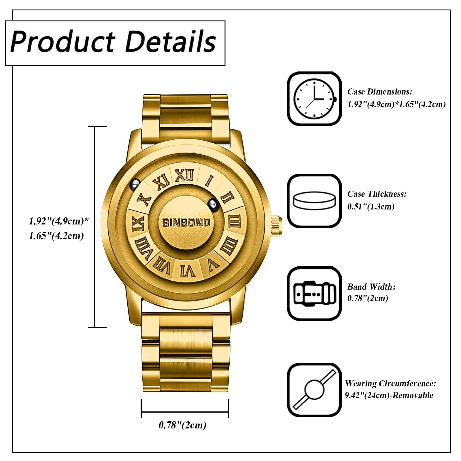 JewelryWe Herrenuhr Edelstahl Magnet Uhr Kein Glas Kugellager Analog Quarz 30m Wasserdicht Armbanduhr Herren Edelstahlarmband Spiegellose Magnetschwebe-Kugeluhr mit Römische Ziffern