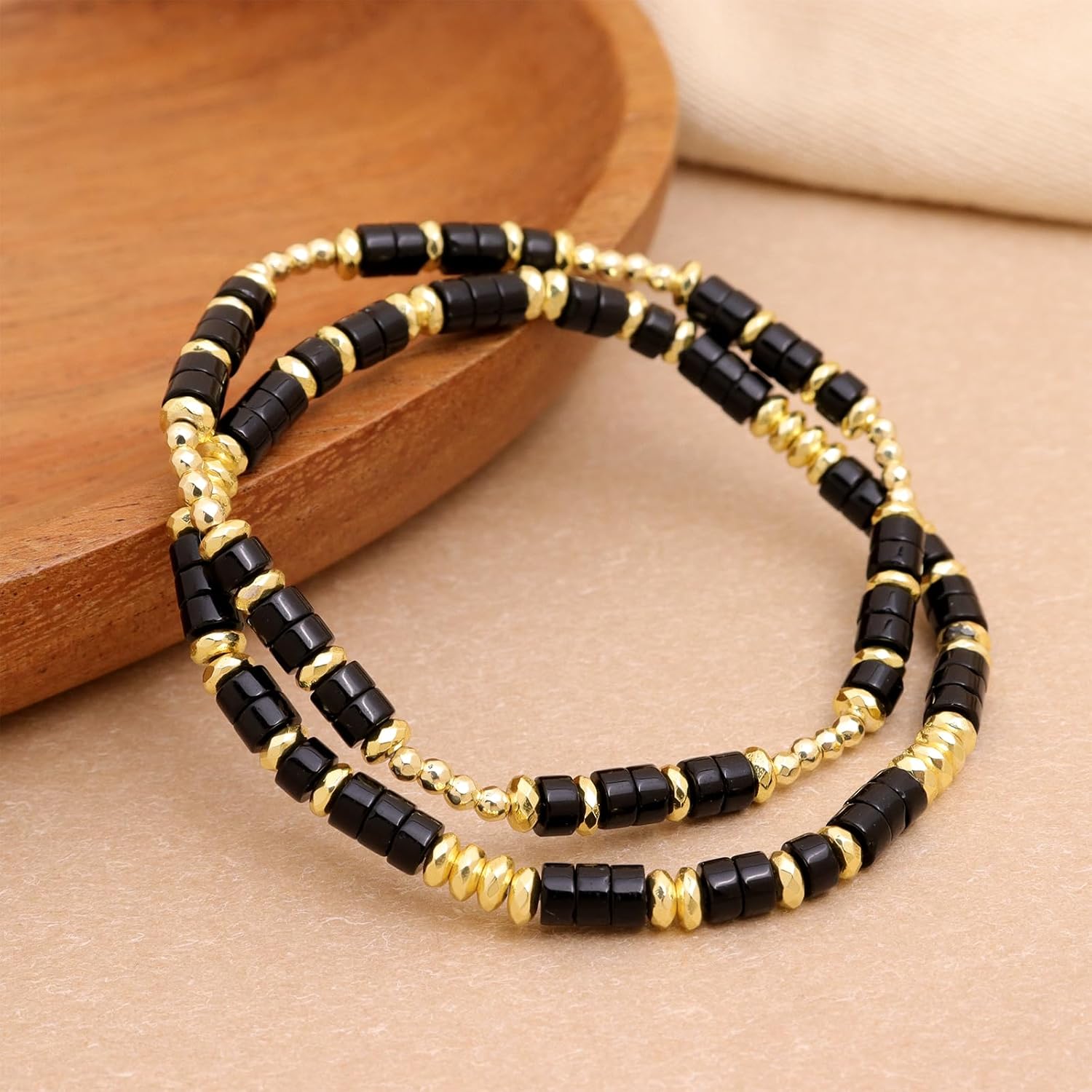 Black Natural Stone Beaded Stack Bracelets Set for Women, Minimalist Handmade Adjustable Gold Beads Stretch Bracelet Everyday Fashion Jewelry Gift. - Image 4