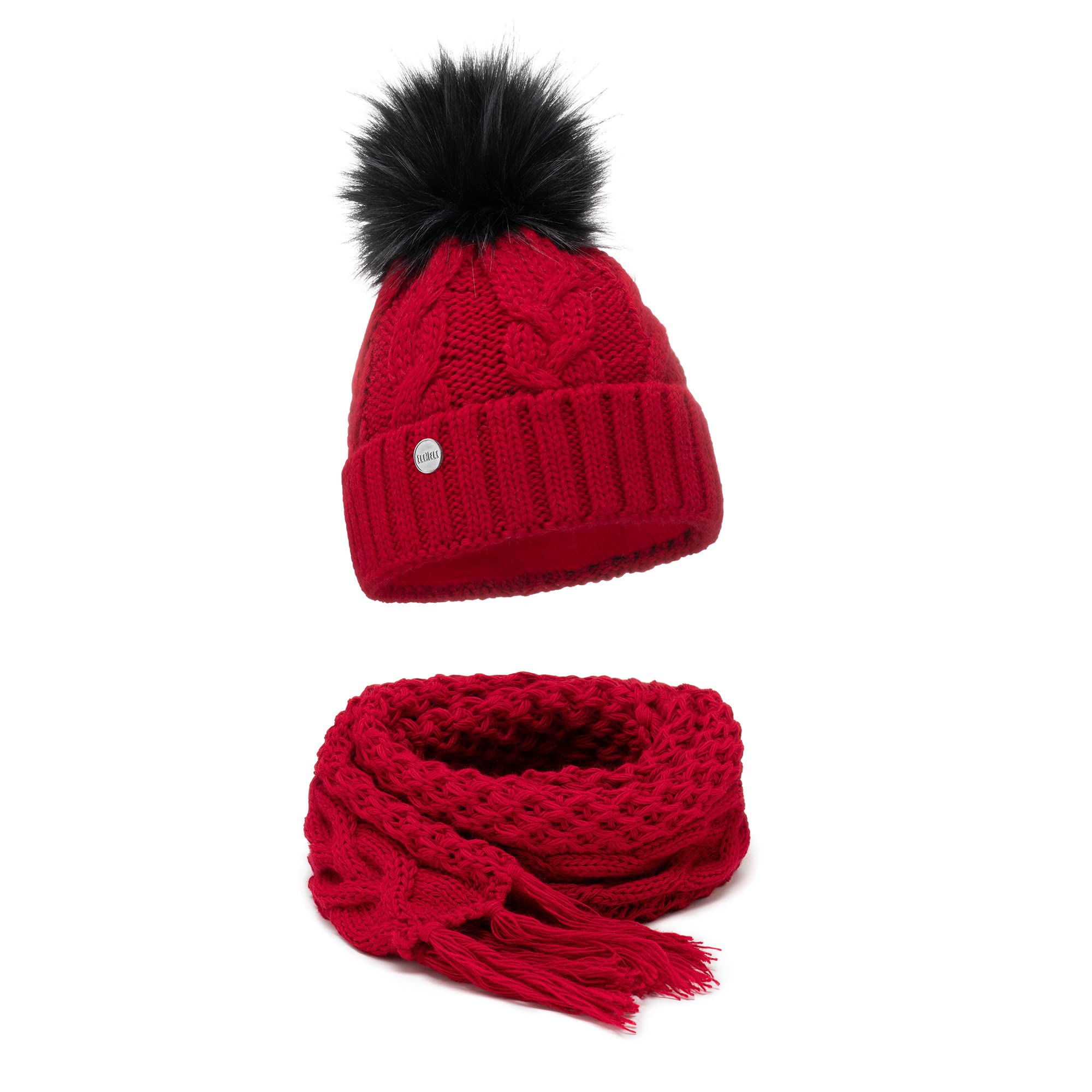 ELIMELI® Bonnet d'hiver pour femme avec pompon en fourrure polaire doublée – Bonnet chaud pour femme – Bonnet d'hiver avec pompon en fausse fourrure – Bonnet en tricot Slouch fabriqué en UE