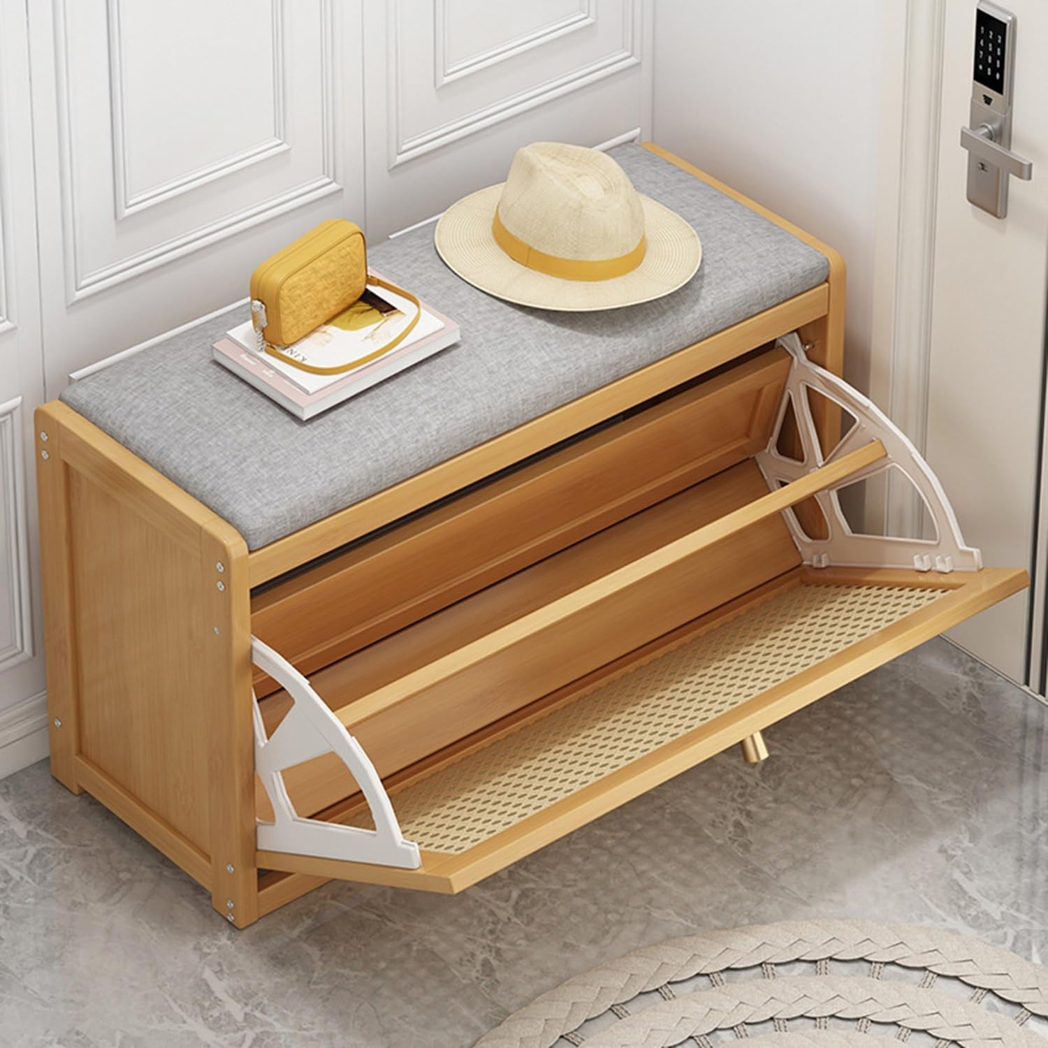 Naturalna rattanowa ławka na buty – wejście Sto z regulowaną półką i miękkim lnianym wzorem 50 x 24 x 44 cm nizer do przedpokoju, dekoracji wnętrz