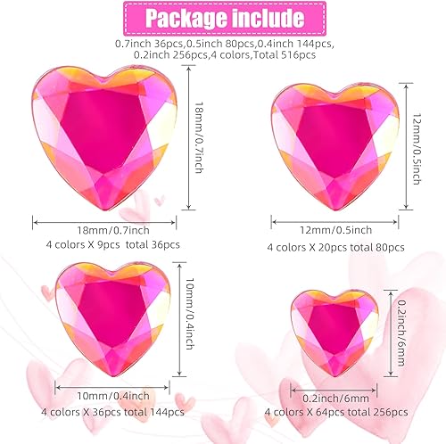 Vista 24 de Chuangdi 516 calcomanías de diamantes de imitación de corazón, acrílicas, gemas de corazón, gemas de cristal, autoadhesivas, parte trasera plana
