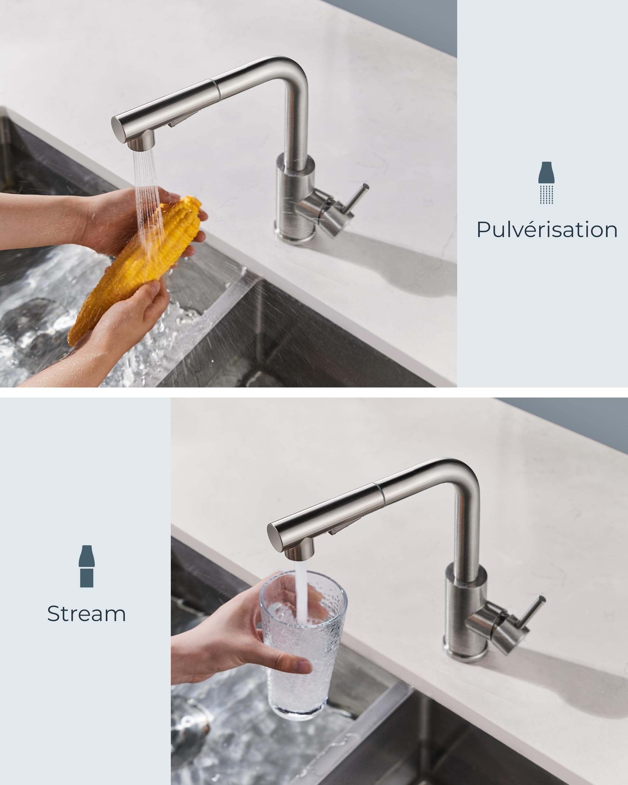 FORIOUS Robinet Cuisine Mitigeur avec Douchette Extractible 2 Modes Pivotant 360° Acier Inoxydable