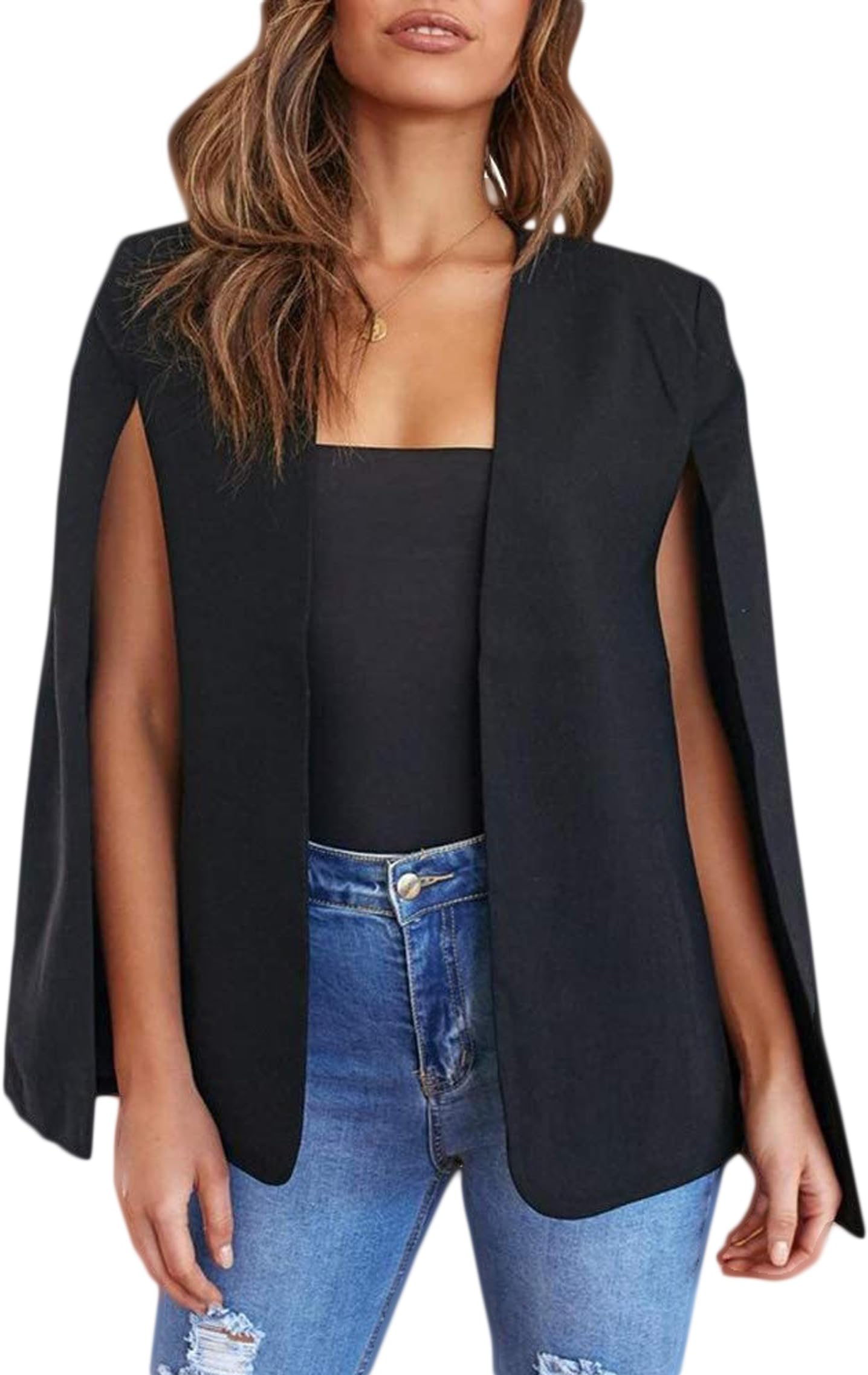 Women's Cape Blazer Split Long Sleeve Open Front Work Office Coat Jacket