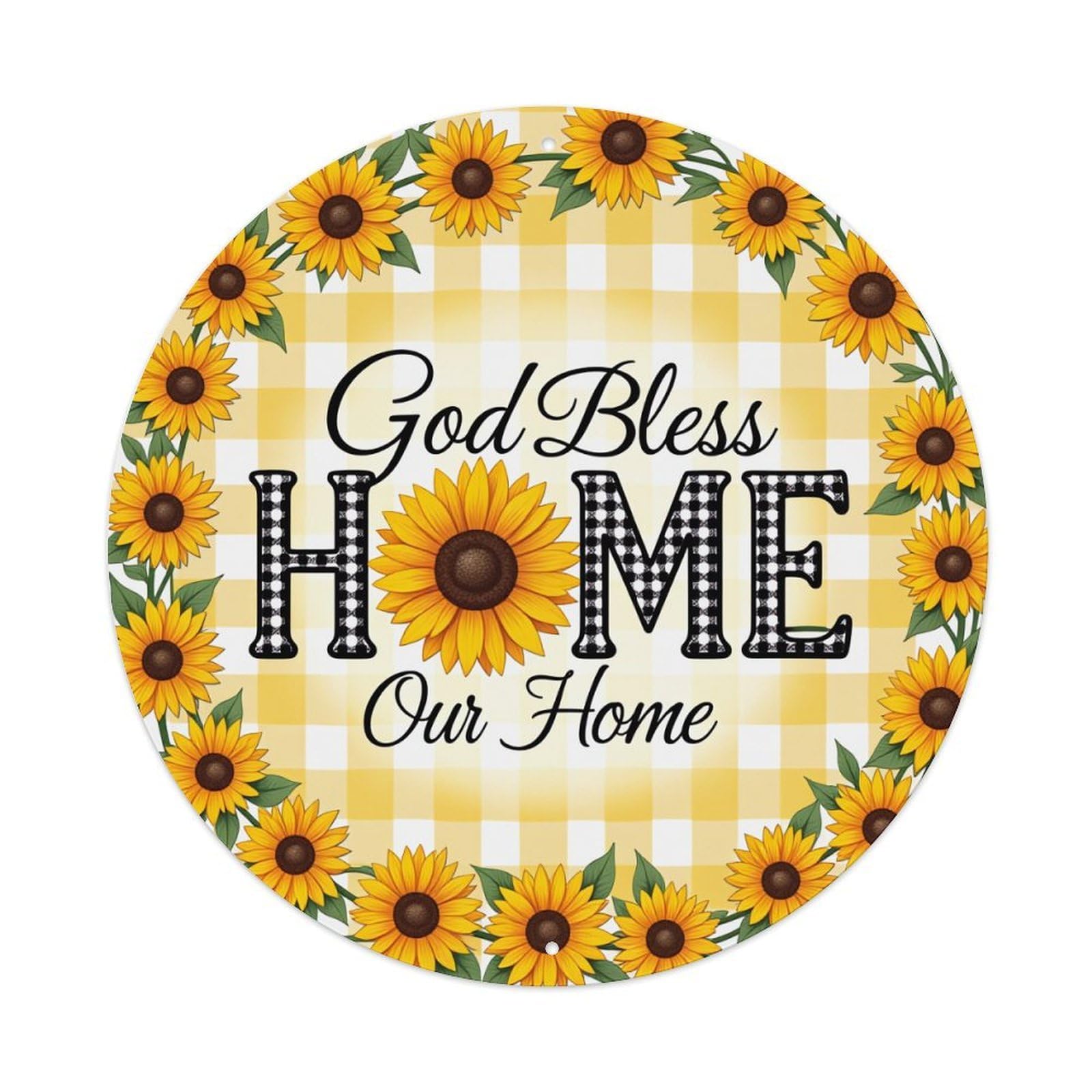 Sunflower Checkered Home Blessing Pattern Vintage Round Tin Sign Retro Metal Wall Decor Metal Poster, Home Bar Garage Cafe Wall Art Decoration 8x8Inches