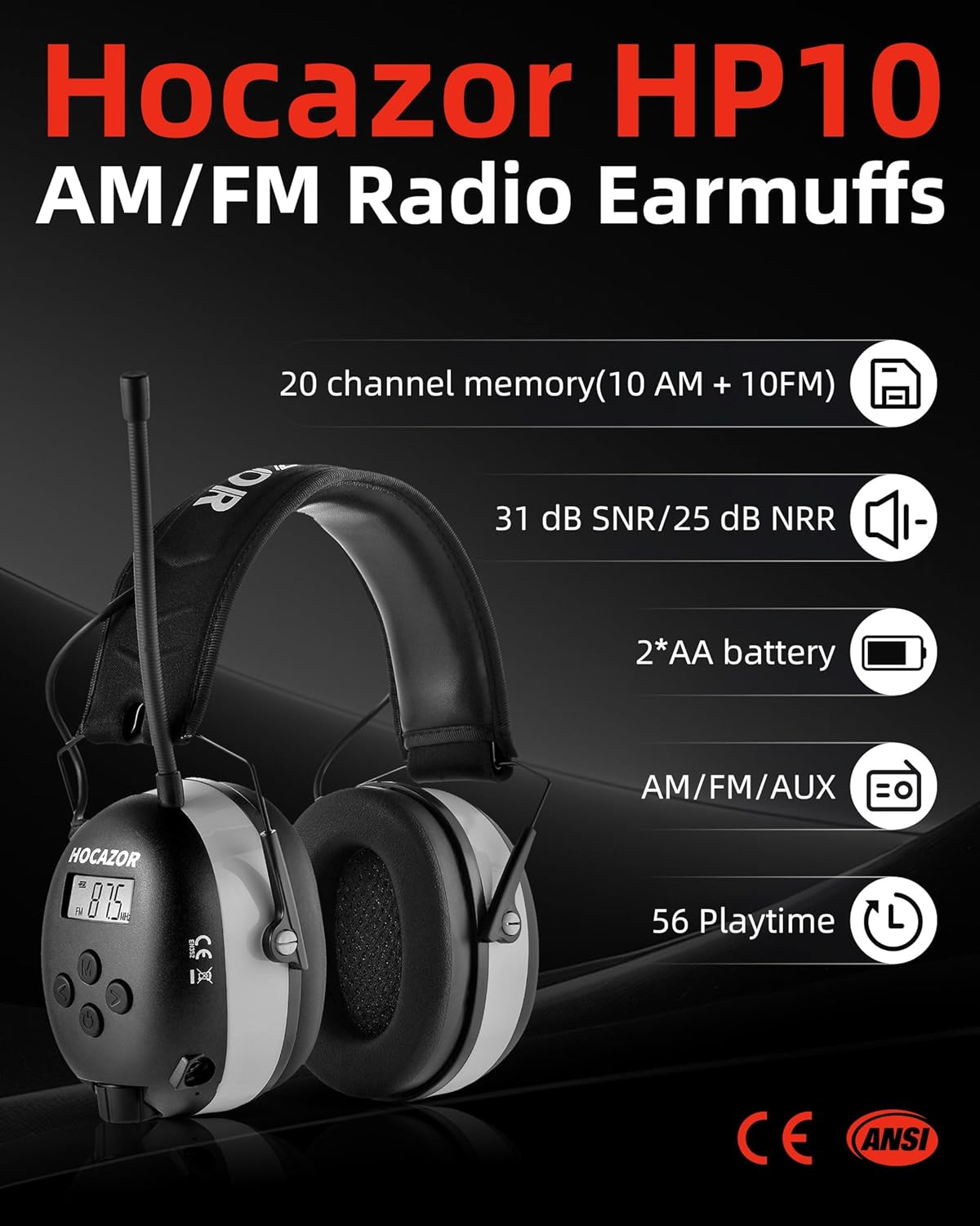 HP10 FM AM Radio Headphones with LCD Display, 30dB SNR Hearing Protection Safety Earmuffs for Mowing Work Shops, Grey - Image 3