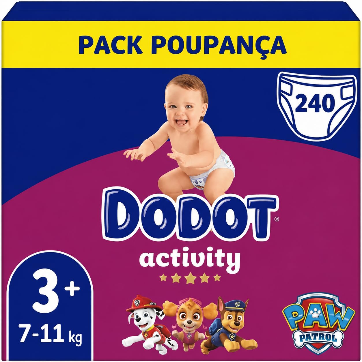 Dodot Activity, Pañales Bebé, Talla 3+, 7-11 kg 240 Pañales Pack ahorro