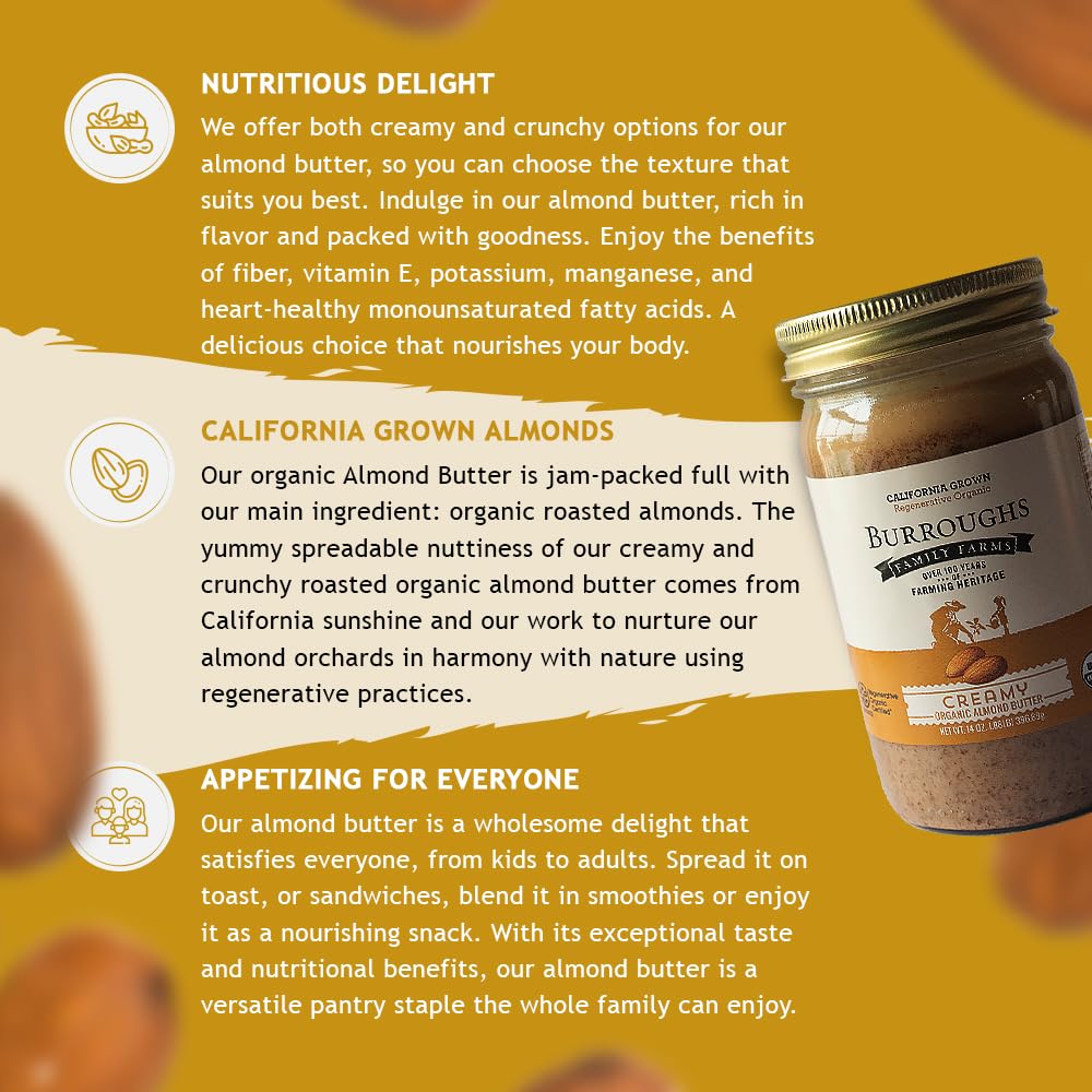 Burroughs Family Farms Regenerative Organic Creamy Almond Butter (14 oz Pack of 2, Creamy)