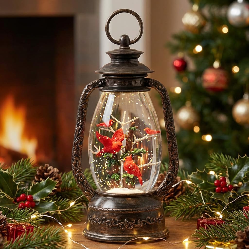 12" Christmas Snow Globe Lantern, Red Bird Music Box, Spinning Snowflake Glitter Water Lamp, USB and Battery Powered Christmas Decoration