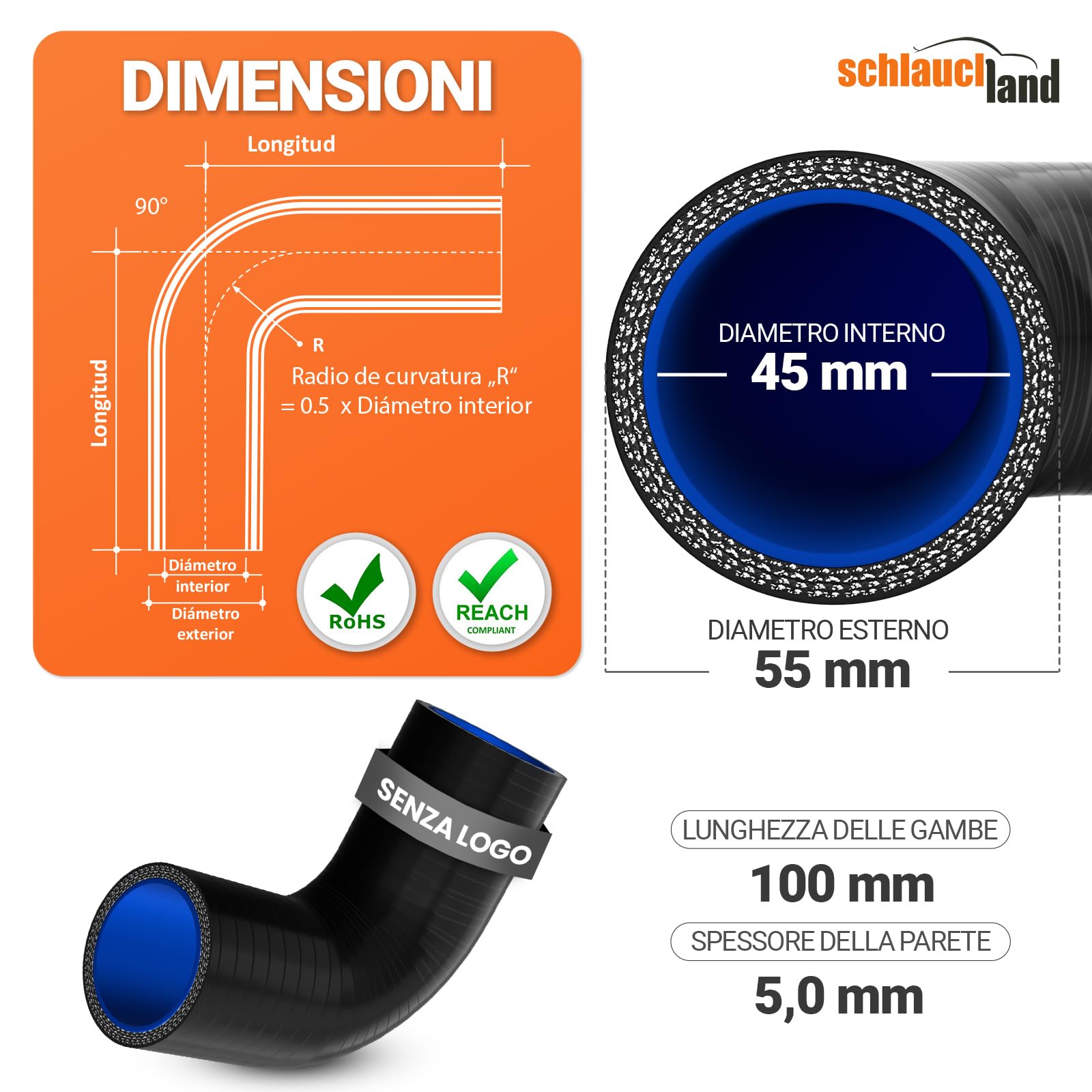 CURVA PER TUBO FLESSIBILE IN SILICONE 90° GRADI DI-Ø 45mm nero 200°C | SELEZIONE | Gomito Intercooler Radiatore Curvatura Turbo Motore Liquido-Raffreddamento Aria-Aspirazione Gomma Manicotto