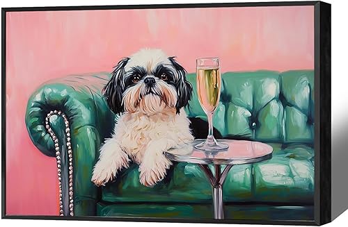 Retro Shih-Tzu - Decoración de pared de perro en sofá verde, moderno, champán, rústico, lienzo, pintado, minimalista, arte de pared rosa, divertido