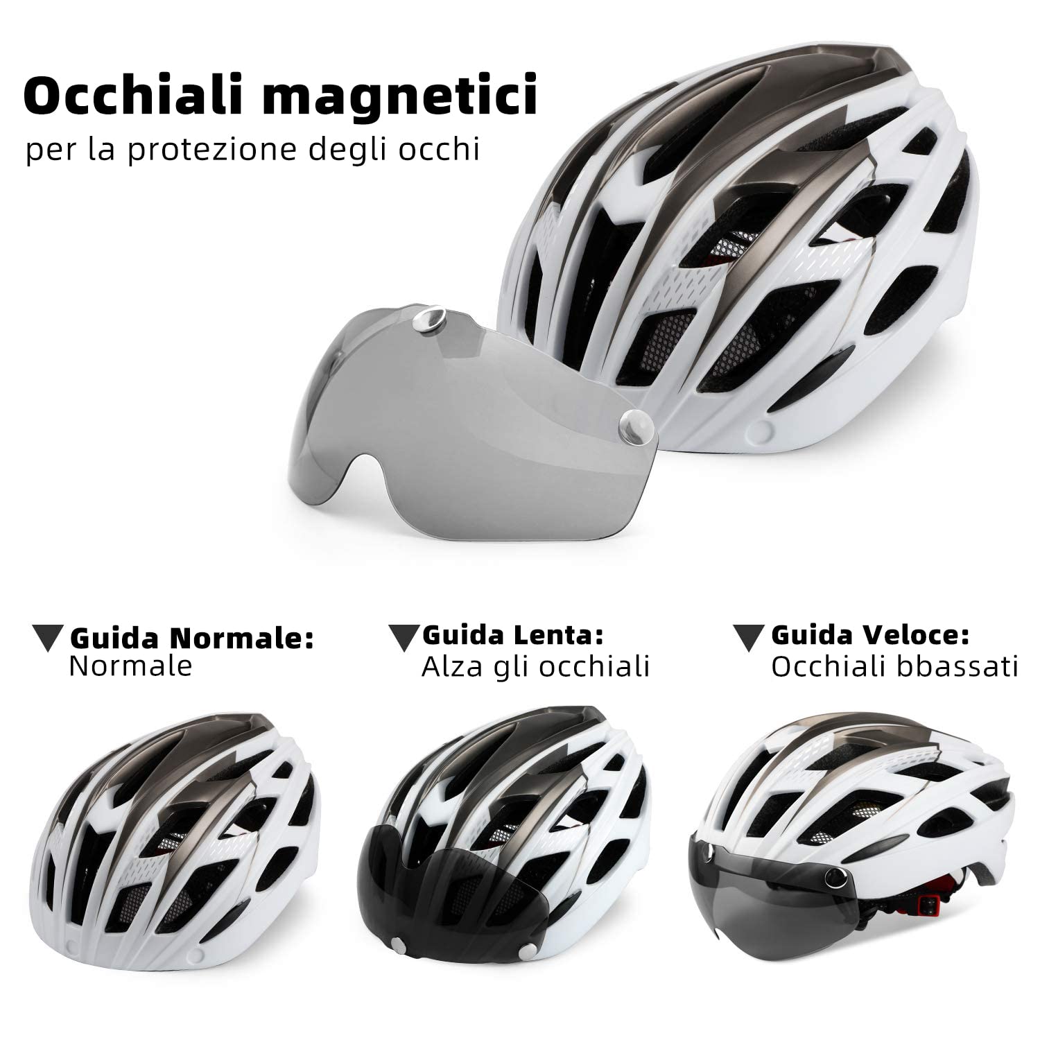 Shinmax Casco Bici con Luce di LED,Casco Bici Uomo Donna con Visiera Magnetica Staccabile Rimovibile Occhiali Casco MTB Ultraleggero Casco Bici Adulto Traspirante Caschi Bicicletta Ciclismo NR-096