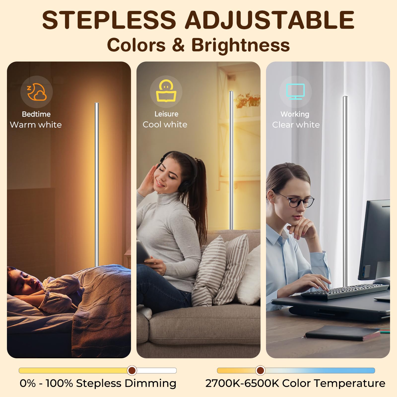 Lámpara de pie LED de esquina para sala de estar, luz minimalista con control remoto, colores y brillo ajustables continuos de 2700 a 6500 K, luz brillante de lectura moderna, lámpara de pie de 58 2