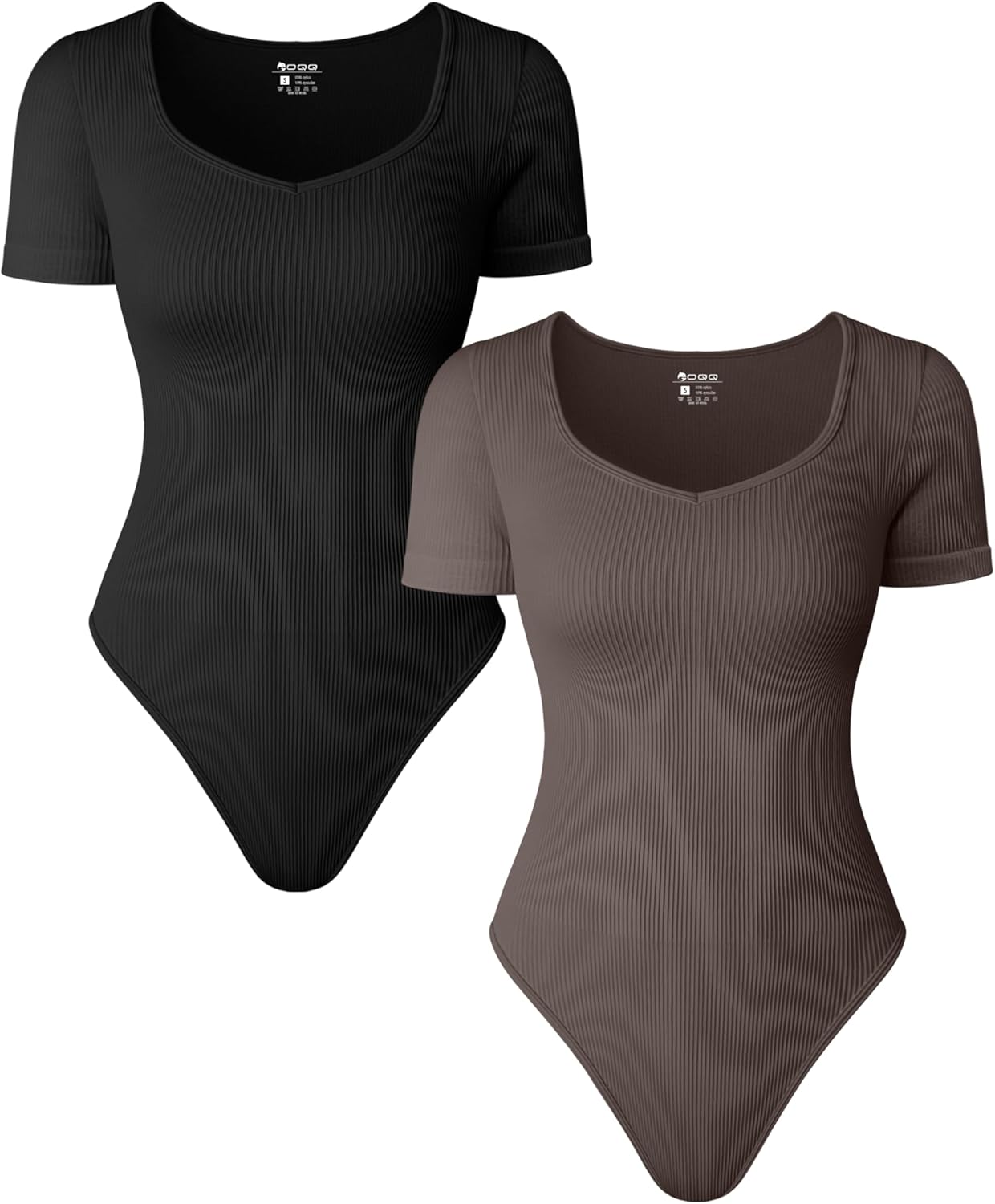 OQQ Women 2 Piece Bodysuits Sexy Ribbed Heart Neck Short Sleeve Stretch Tank Tops Bodysuits Black,tea Leaf Small