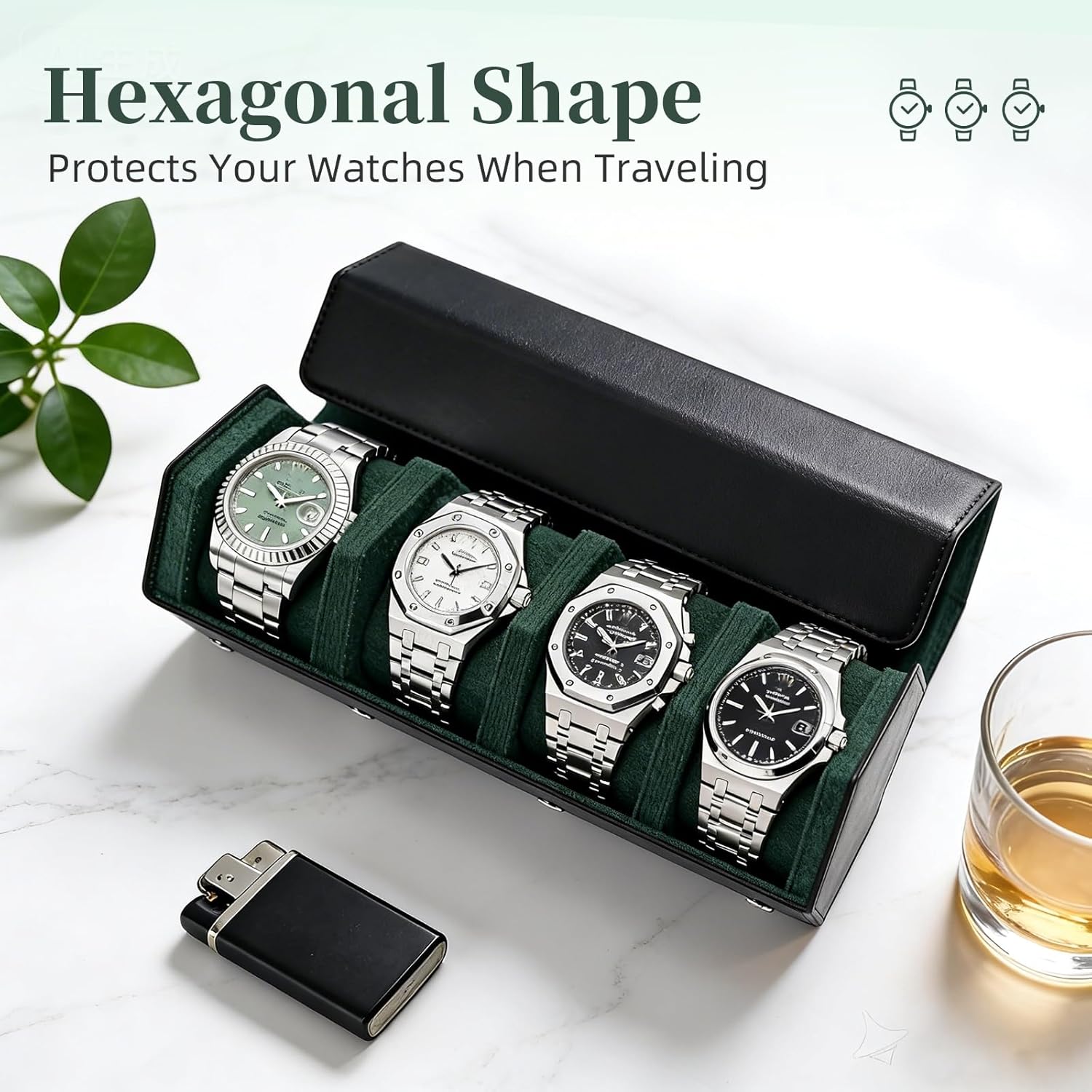 Leather Watch Roll for 4 Watches - Velvet-Lined Travel Case, Luxury Watch Rolls Organizer with Storage & Display for Men (4 Slot-Black Green)