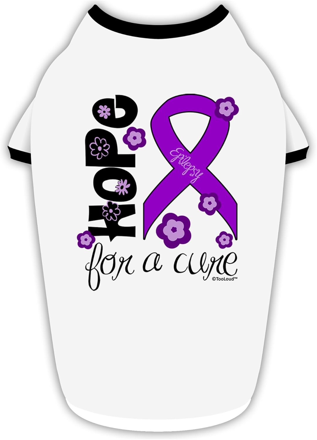 TOOLOUD Hope for a Cure - Purple Ribbon Epilepsy - Flowers Cotton Dog Shirt White with Black XL