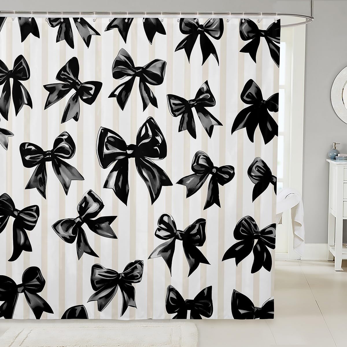 Erosebridal Bowknot 72" Wx72 L Shower Curtain Watercolor Ribbon Bow Bathroom Curtains for Kids Teen Adults,Modern Aesthetic Bowknot Bath Curtains Black White Simple Bathroom Accessories