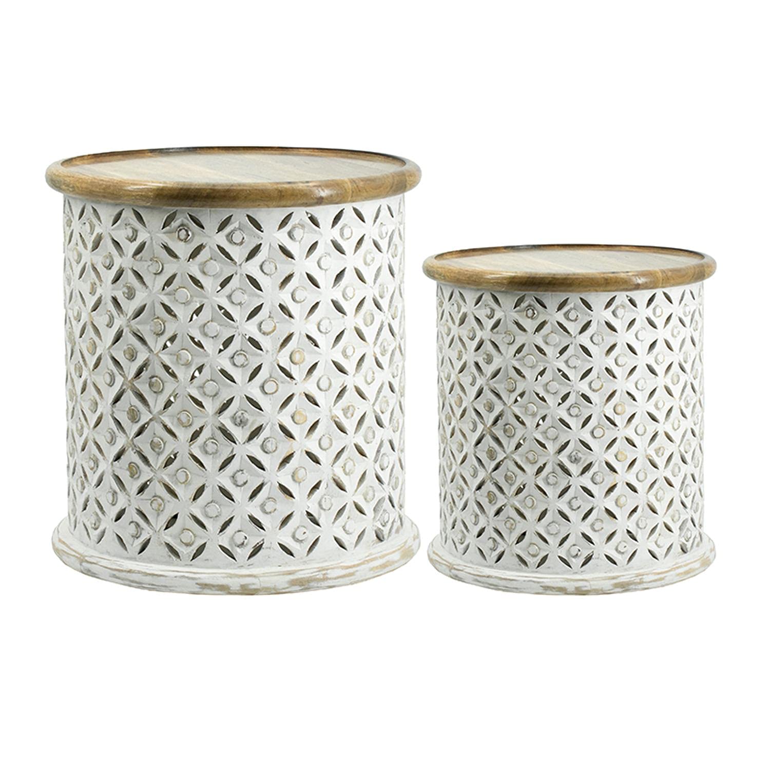 A and B Home AB-48510 16" and 18" H Round Indoor Wooden Nesting Side Tables (Set of 2), w/White Wash Base Finish, Jali Cutting Design, Indian Inspired Construction