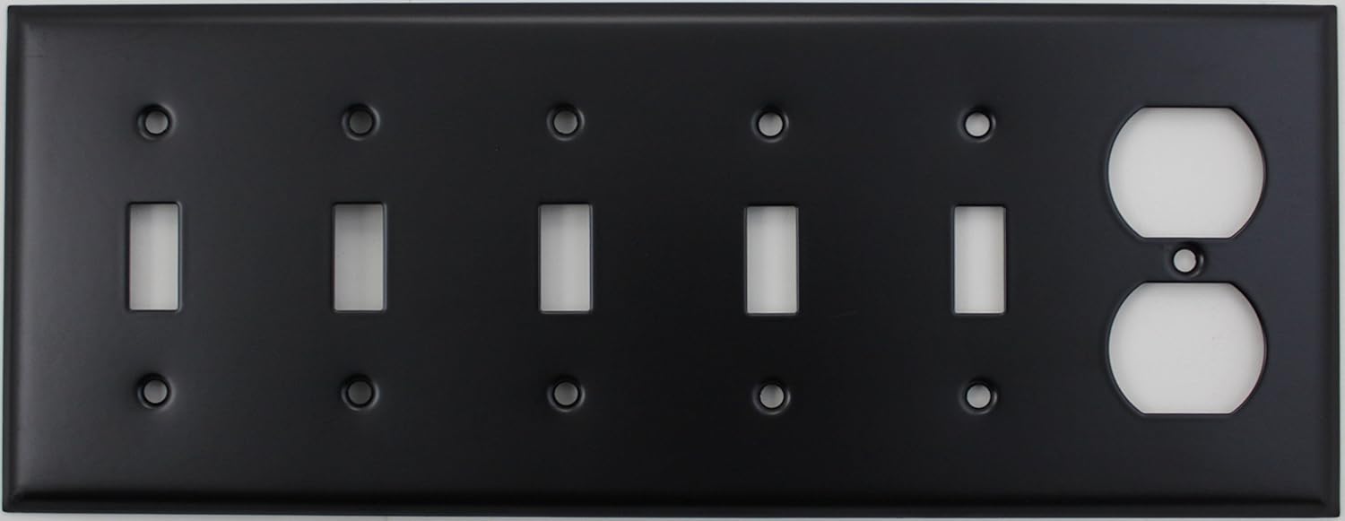 Black 6 Gang Wall Plate - 5 Toggle Switches 1 Single Duplex Outlet Cover