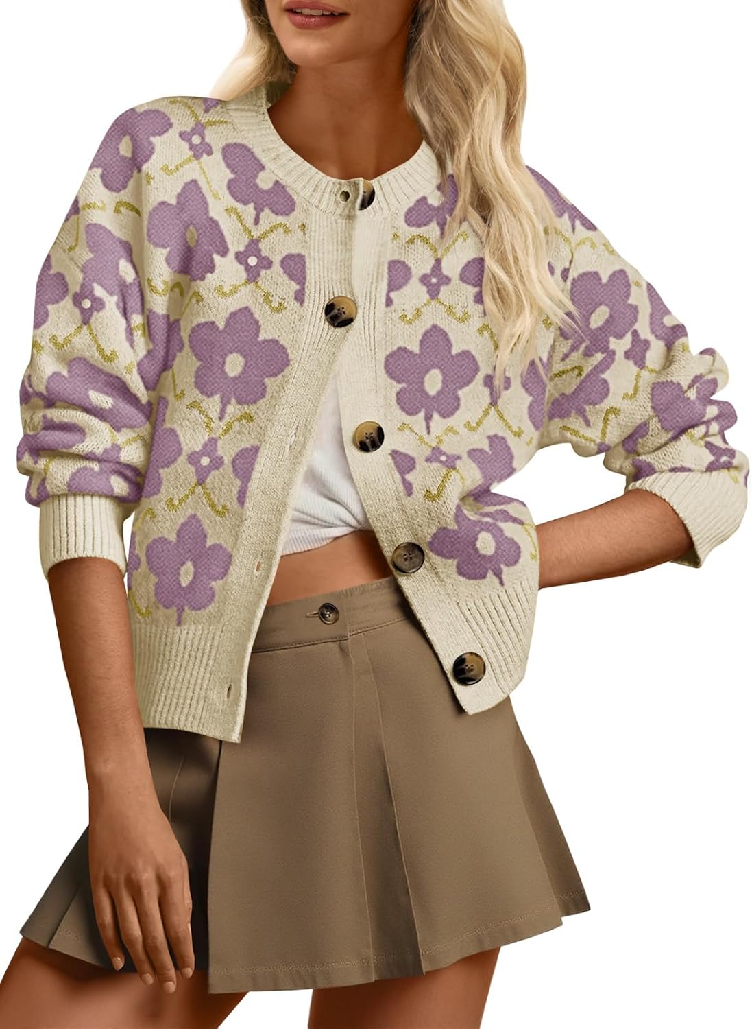 Saodimallsu Womens Floral Cardigan Sweaters Long Sleeve Open Front Button Down Knit Retro Sweater Coat Outwear Fall 2025