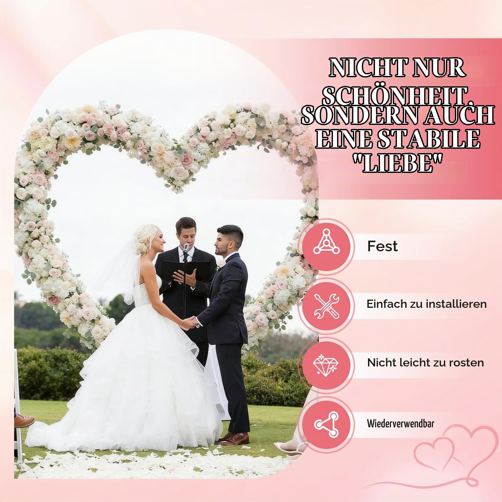 2m x 2m Herzballonbogen aus Metall mit Stand, Liebesherz Ballonbogen Set für Hochzeiten, Babyparty, Geburtstag, Jubiläum - Herzförmiger Dekorationsbogen mit robustem Ständer