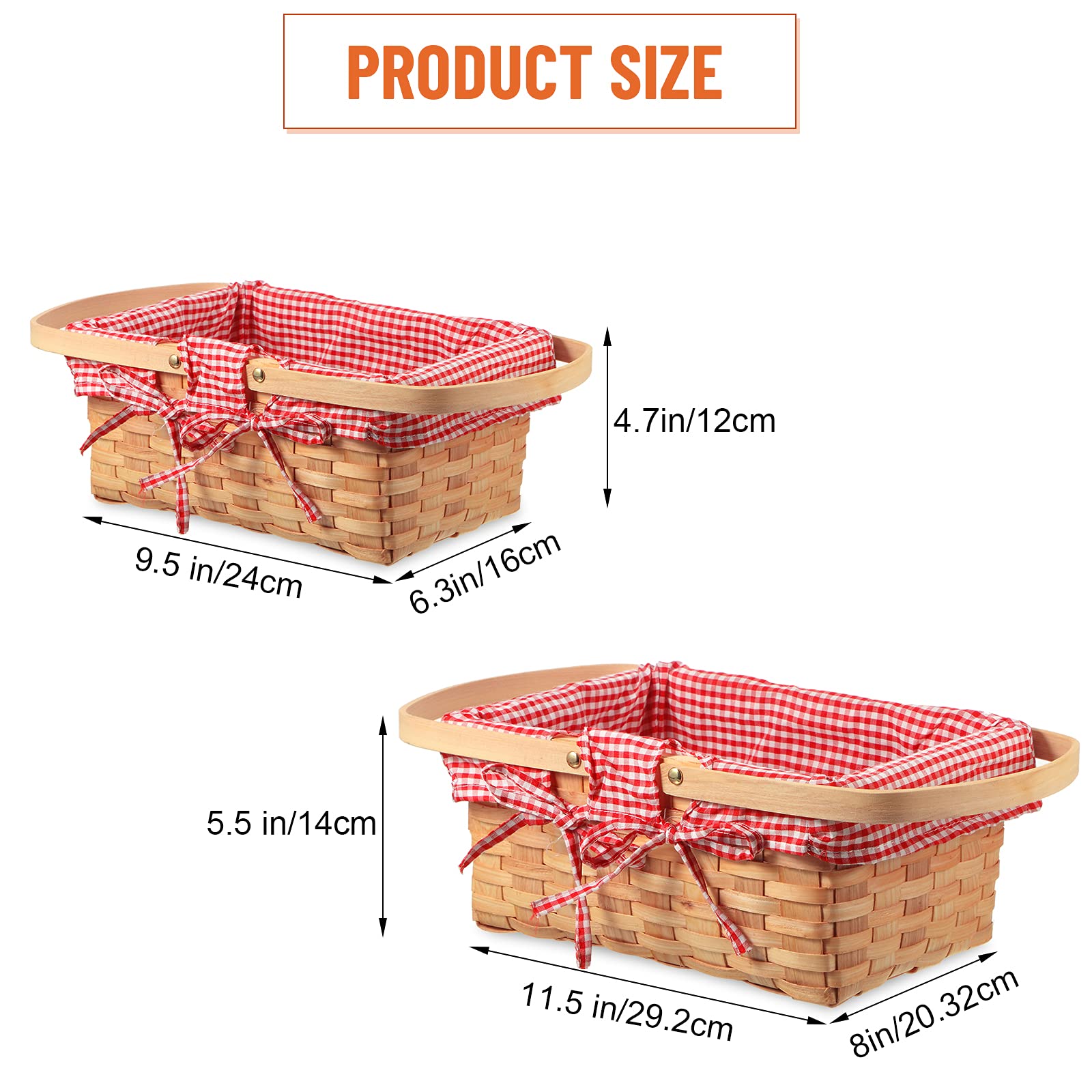 2 Pieces Different Sizes Picnic Baskets Natural Woven Basket with Double Folding Handles, Woodchip Basket Easter Basket for Easter Egg Candy Halloween Children's Toy Storage (Red and White)
