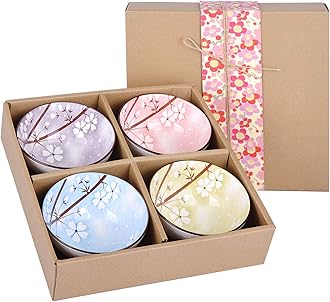 VanEnjoy Set of 4 Japanese Style Ceramic Rice Bowl with Gift Box,Assorted Phum Colors Flowers Pattern Bowls Set,Underglazed Dinnerware,For Dessert Snack Cereal Soup