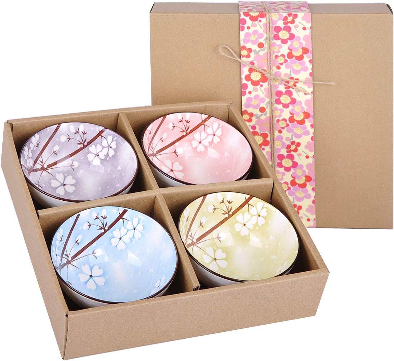 VanEnjoy Set of 4 Japanese Style Ceramic Rice Bowl with Gift Box,Assorted Phum Colors Flowers Pattern Bowls Set,Underglazed Dinnerware,For Dessert Snack Cereal Soup